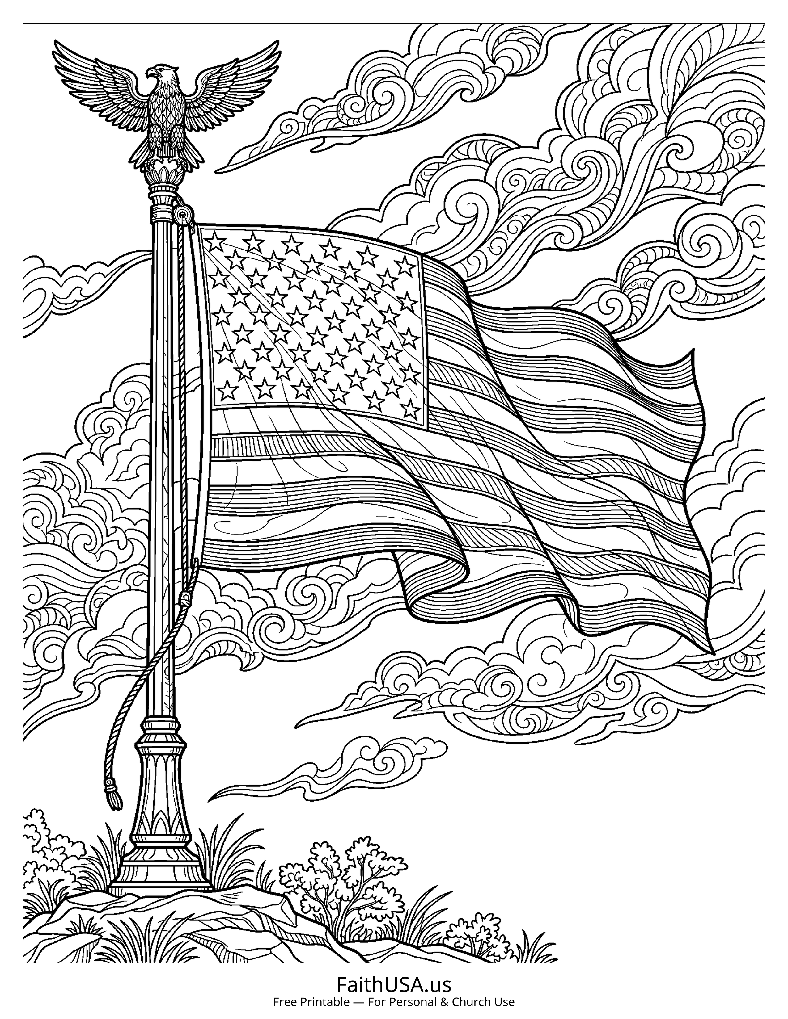 Free printable detailed waving American flag coloring page PDF for Flag Day, July 4th classroom displays, and patriotic lessons