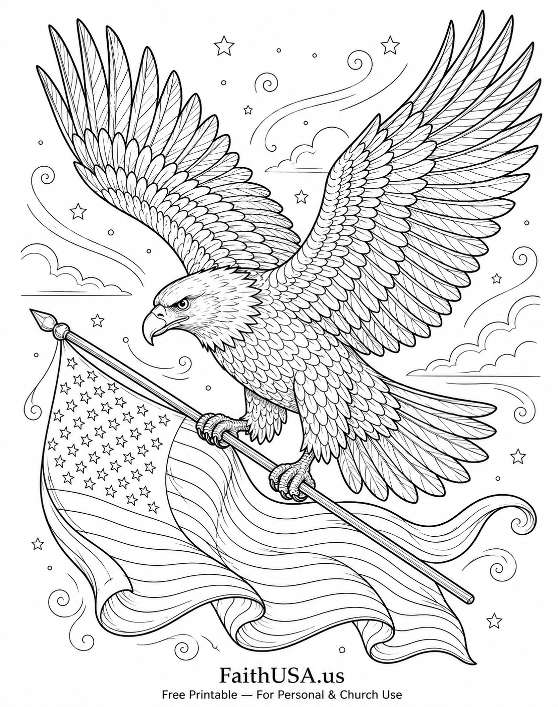 Free printable detailed American flag with bald eagle coloring page PDF for American symbols, civics, and Sunday school lessons