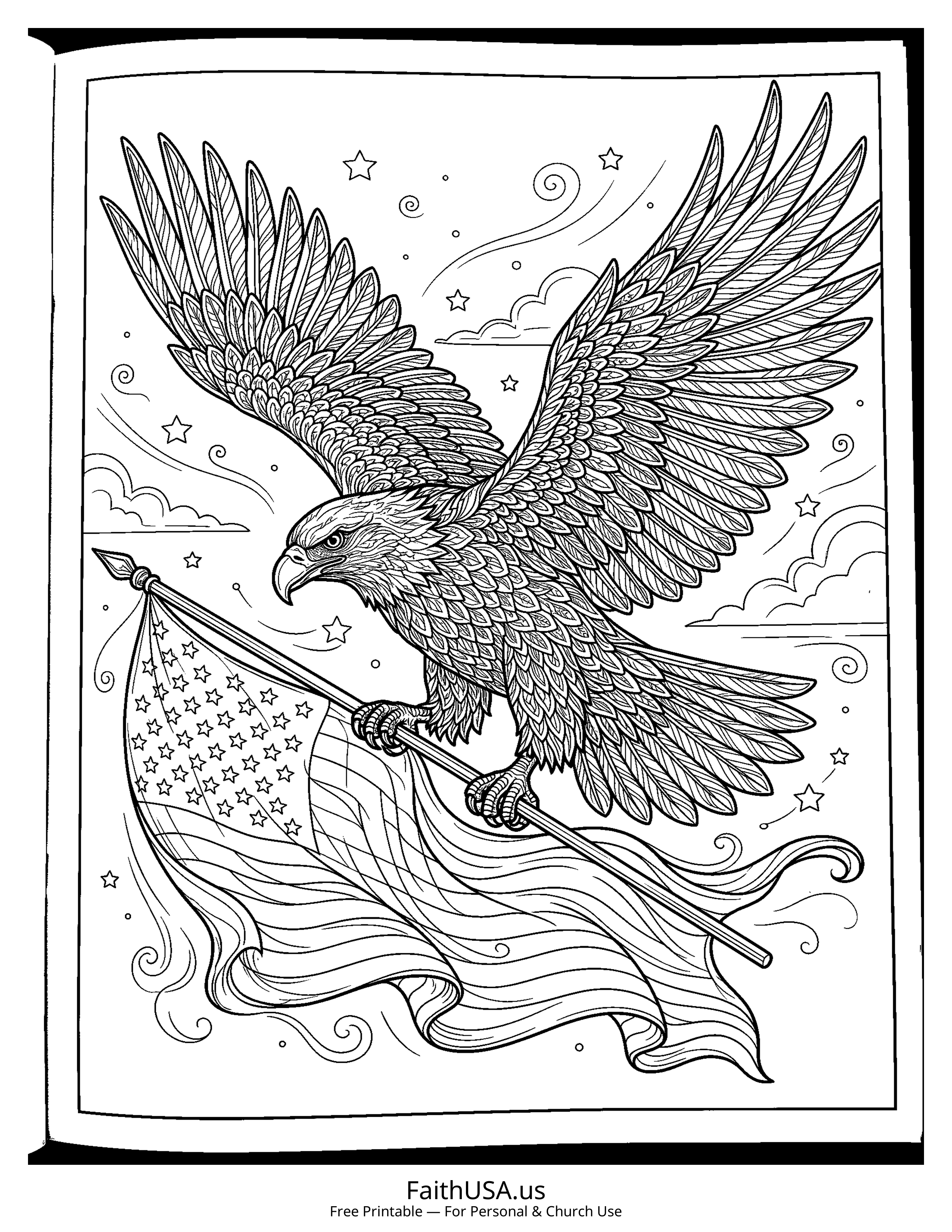 Free printable detailed American flag with bald eagle coloring page PDF for American symbols, civics, and Sunday school lessons
