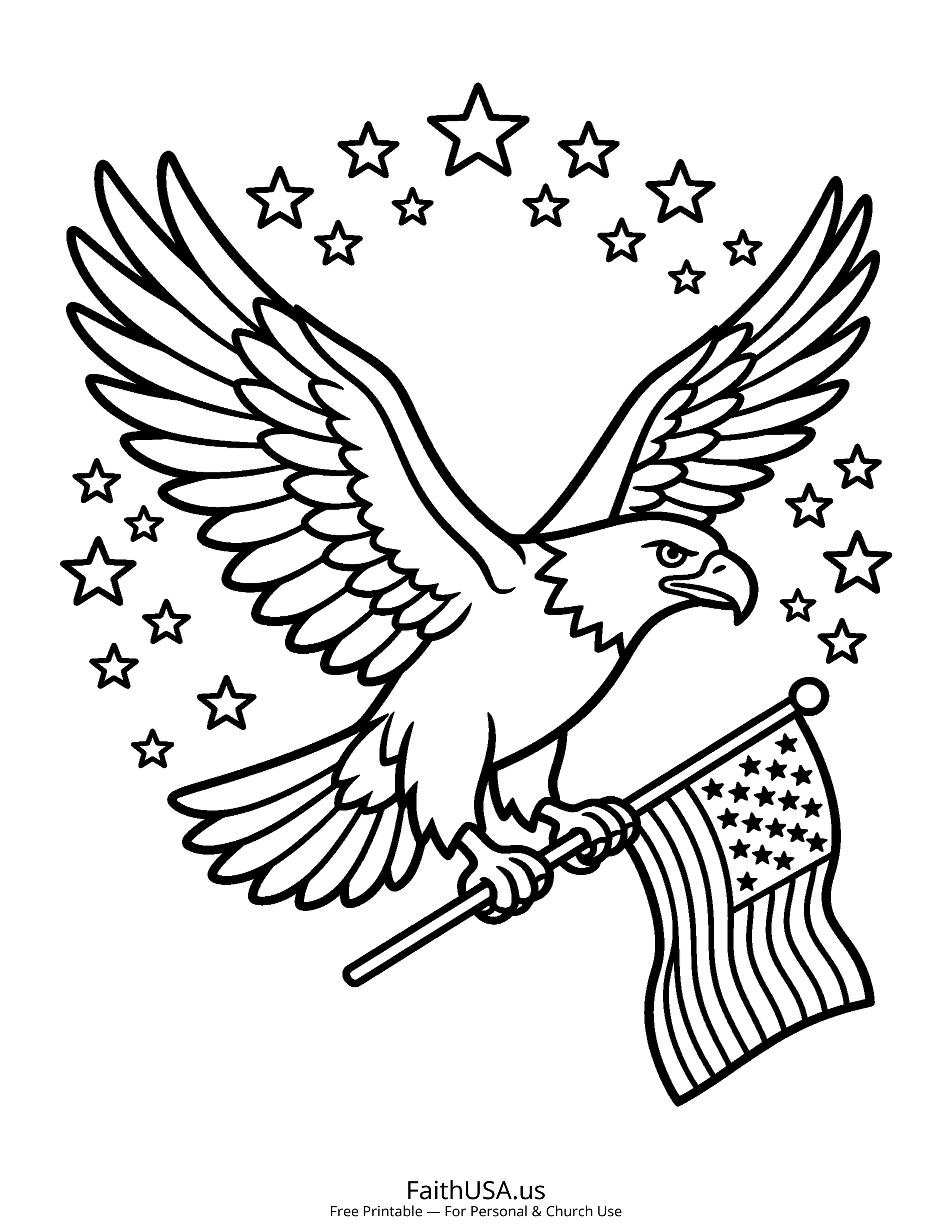 Free printable simple American flag with bald eagle coloring page PDF for American symbols, civics, and Sunday school lessons