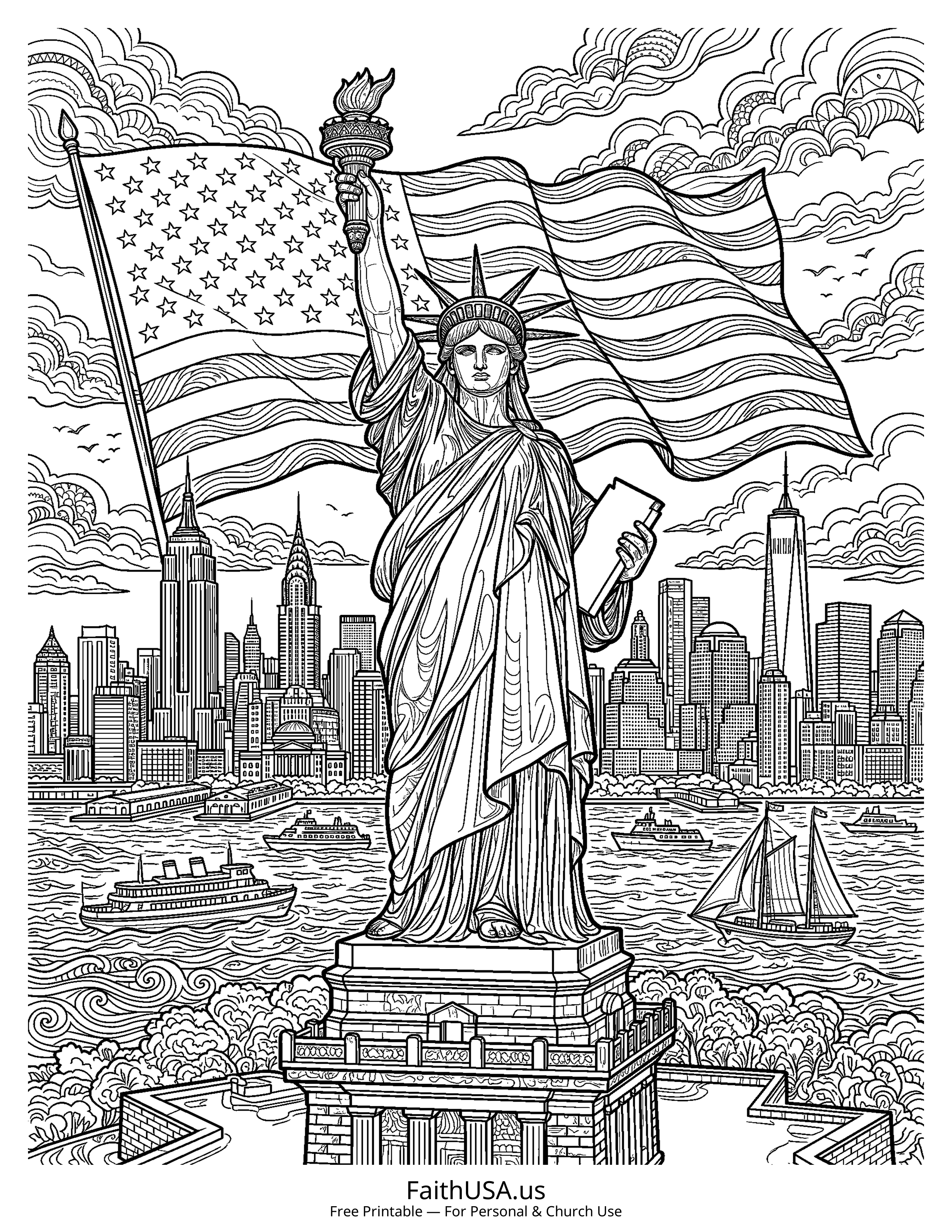 Free printable detailed American flag with Statue of Liberty coloring page PDF for American history lessons