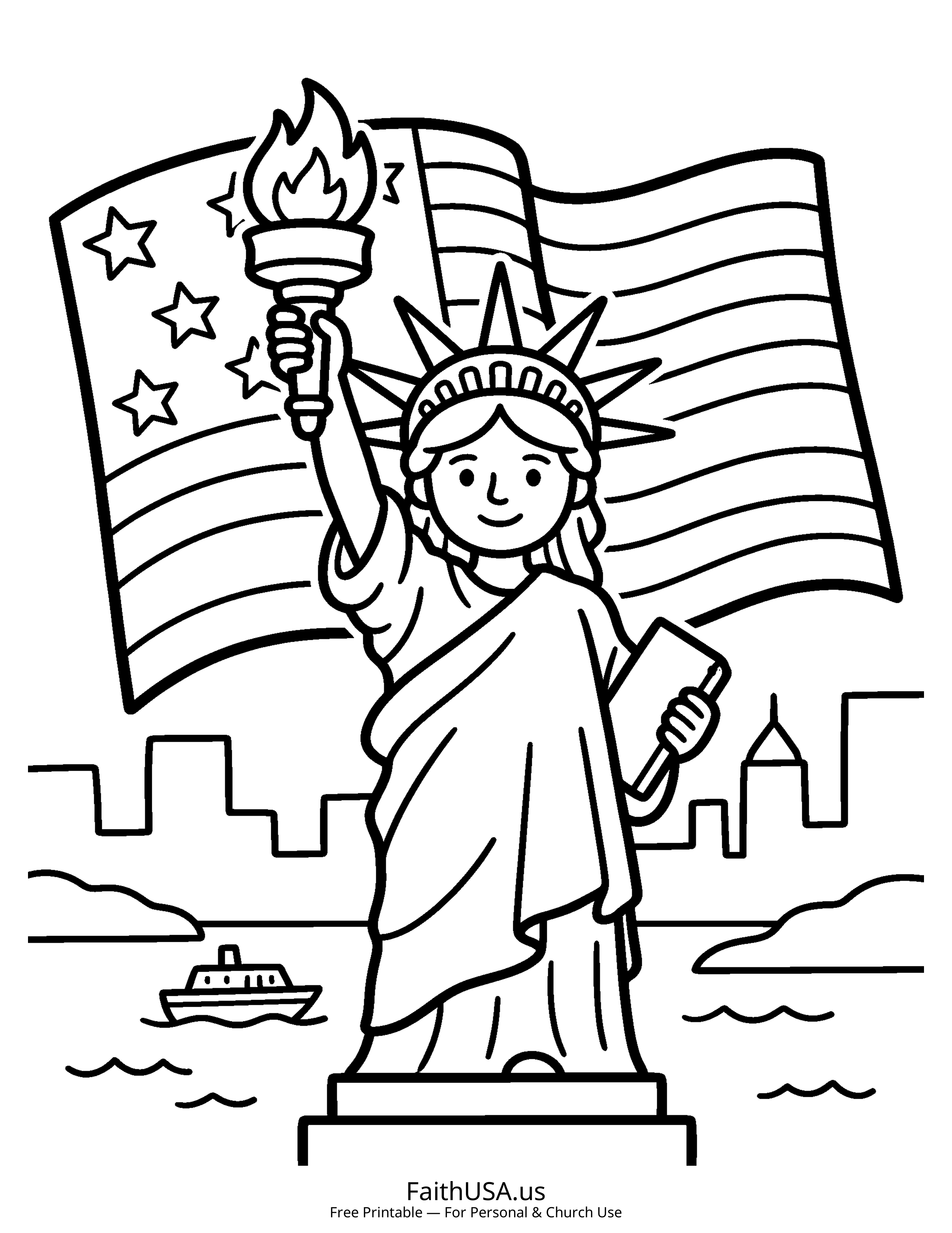 Free printable simple American flag with Statue of Liberty coloring page PDF for American history lessons