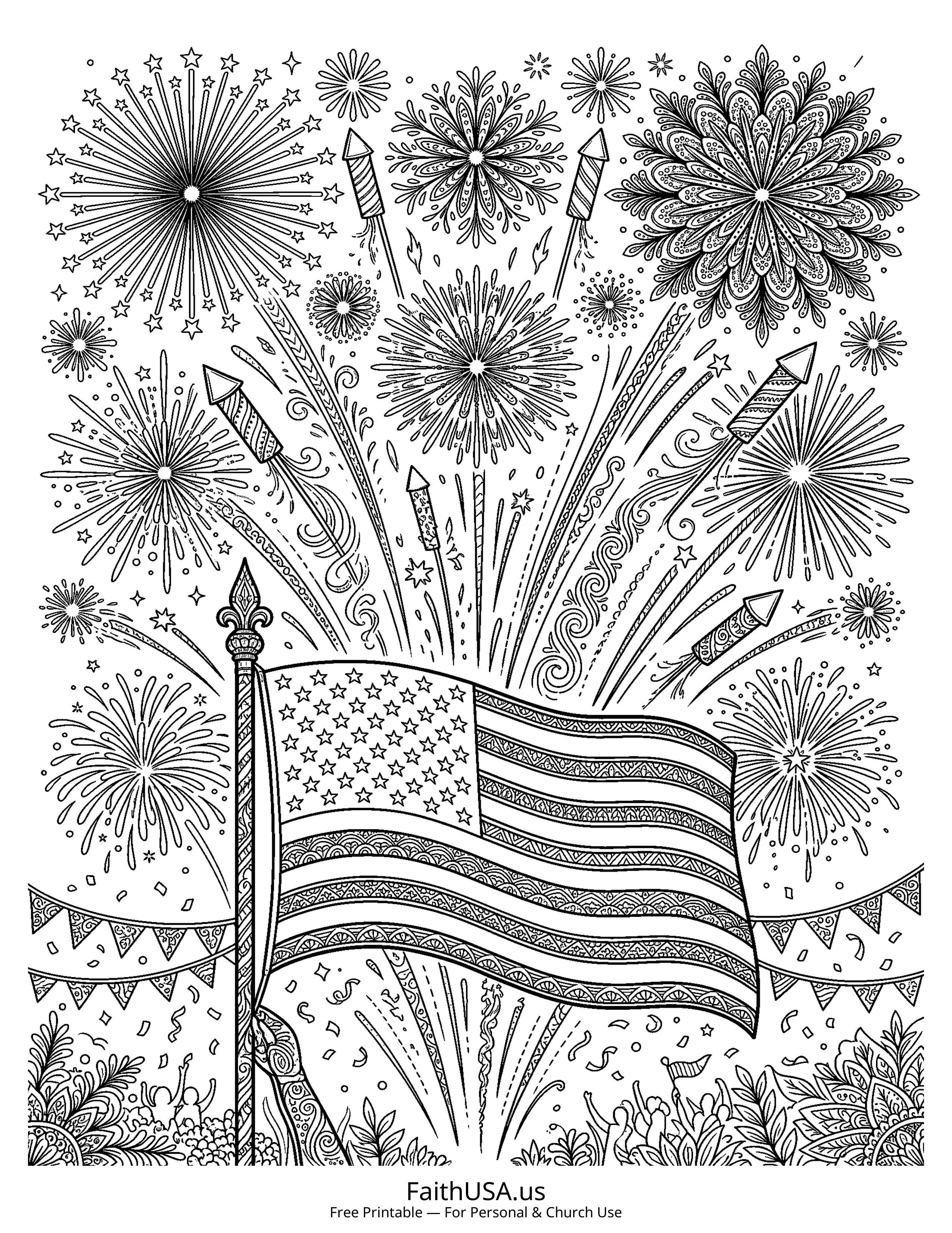 Free printable detailed American flag with fireworks coloring page PDF for Fourth of July activities and summer holiday packets