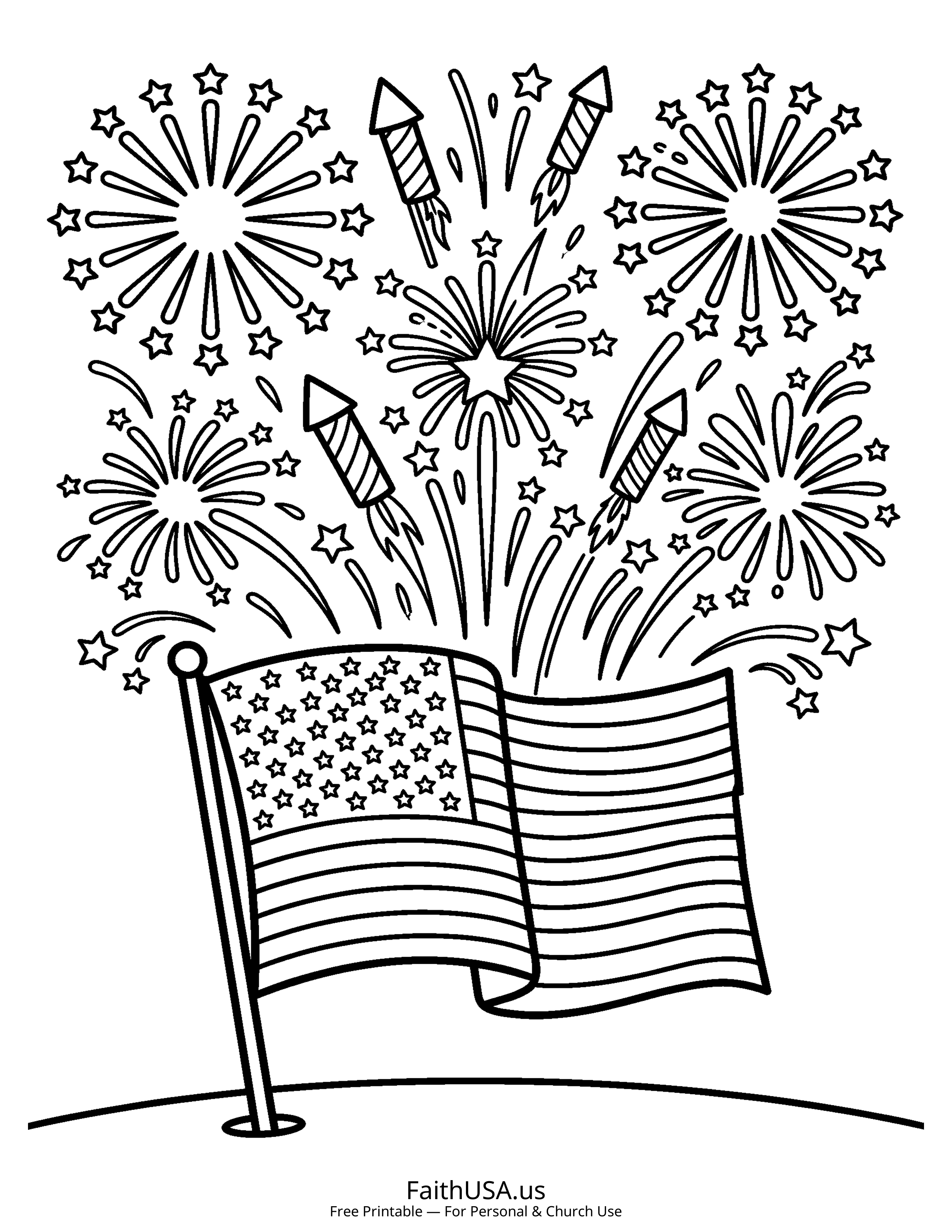Free printable simple American flag with fireworks coloring page PDF for Fourth of July activities and summer holiday packets
