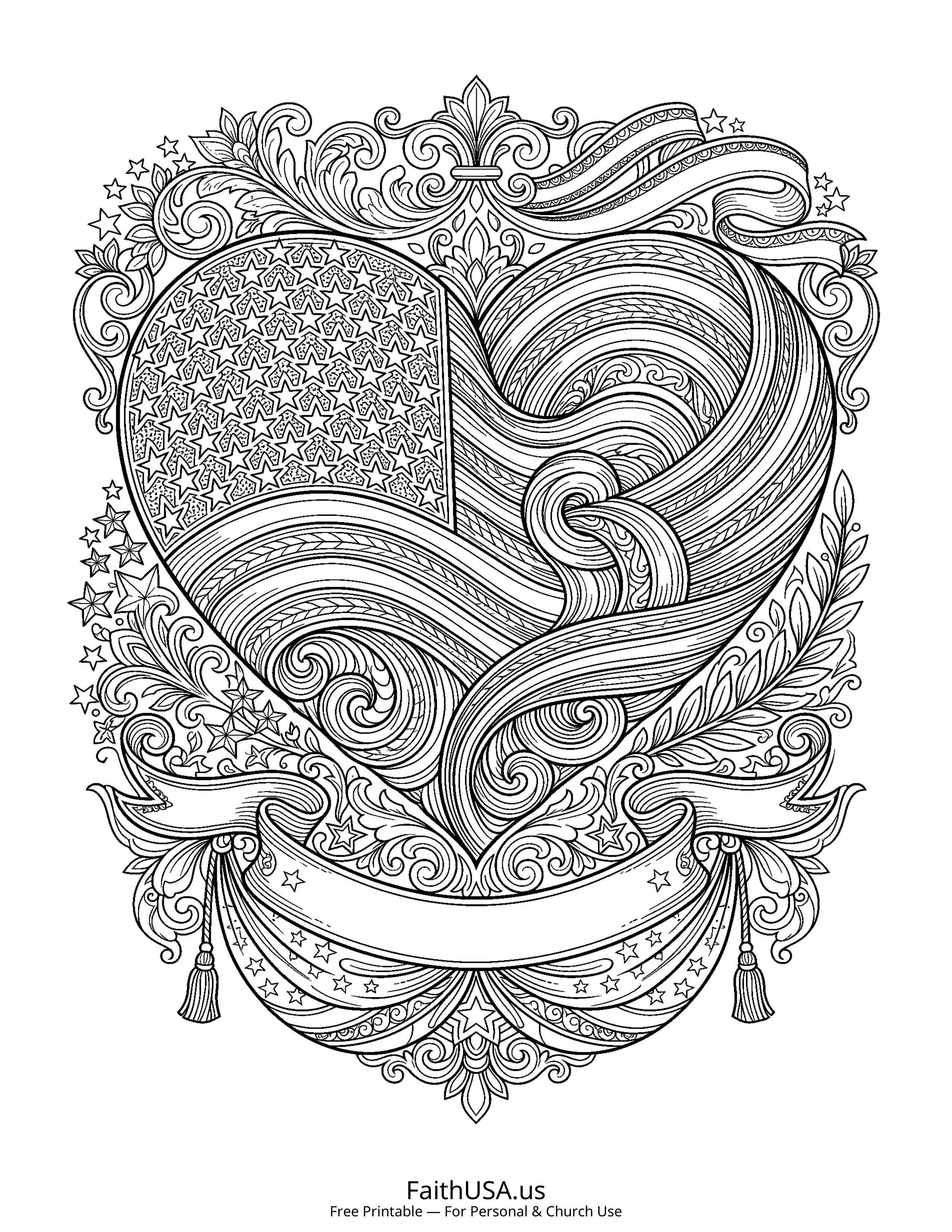 Free printable detailed American flag heart coloring page PDF for older students and patriotic lessons