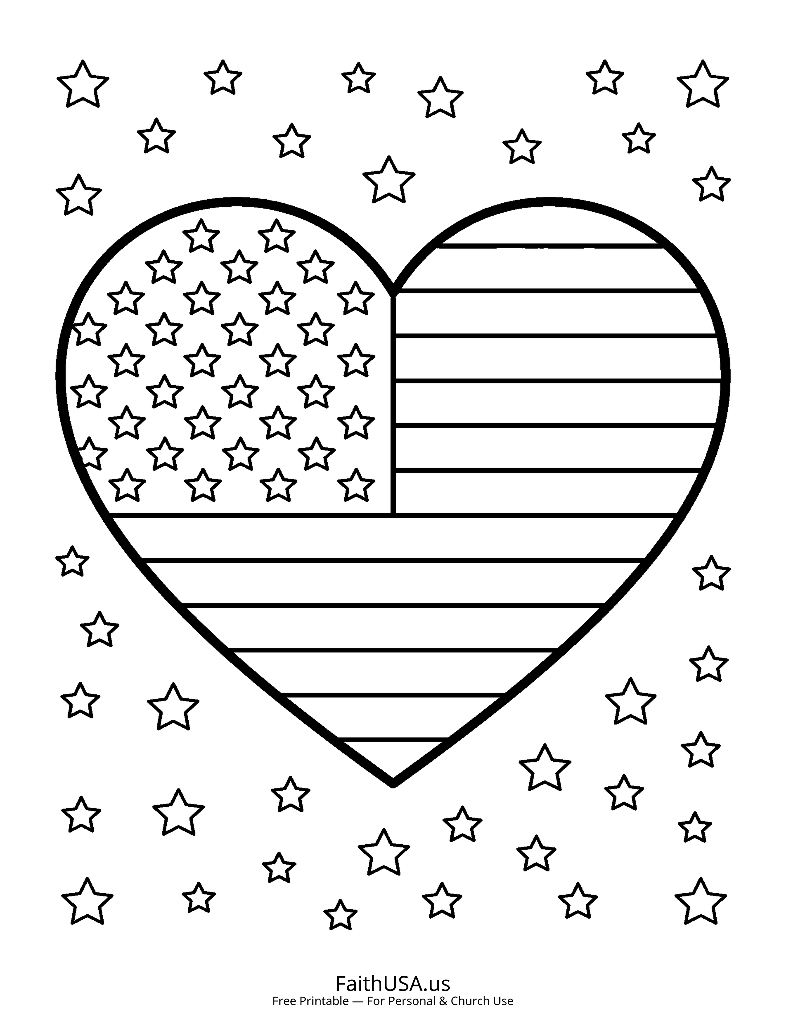 Free printable simple American flag heart coloring page PDF for kids and patriotic lessons