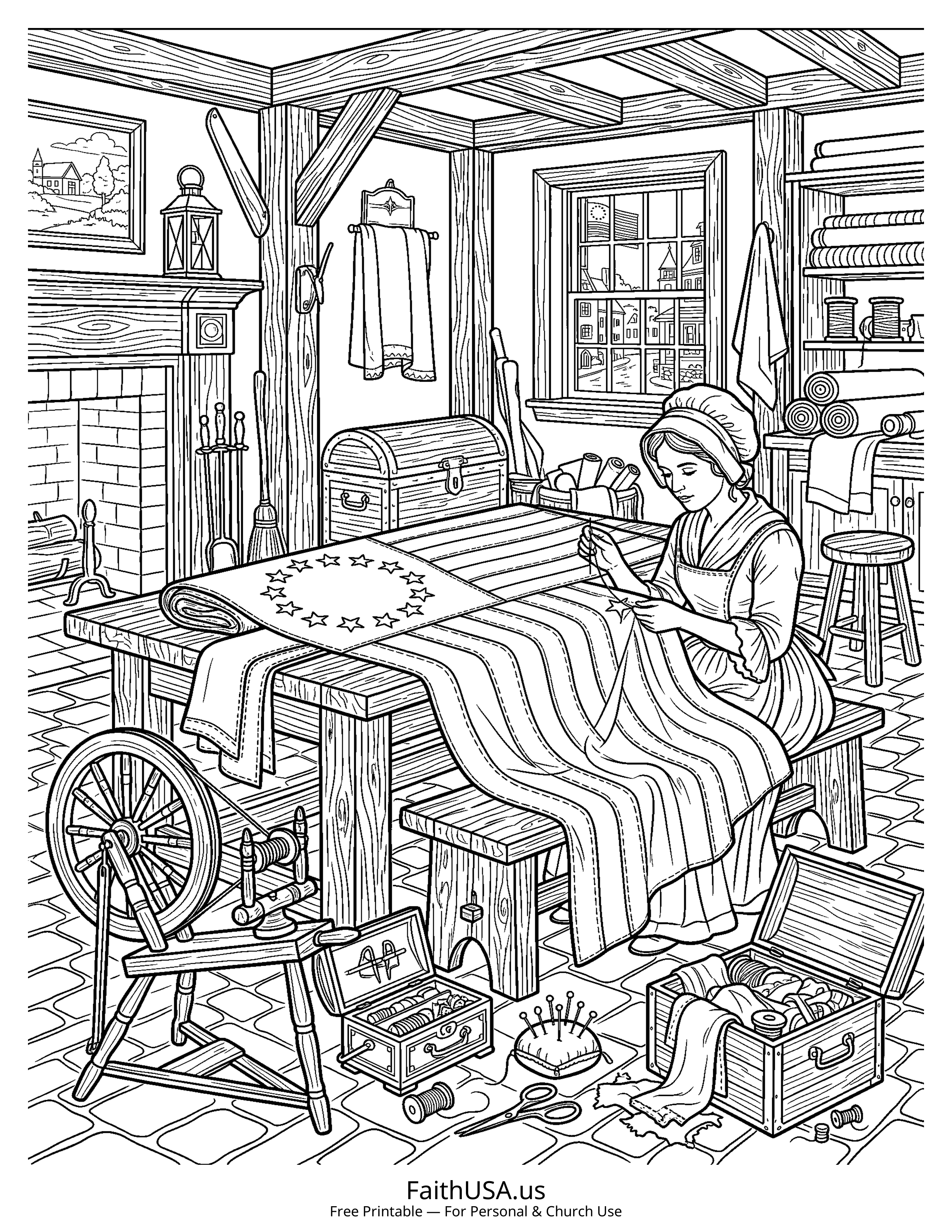 Free printable detailed American flag betsy ross flag coloring page PDF for American history lessons