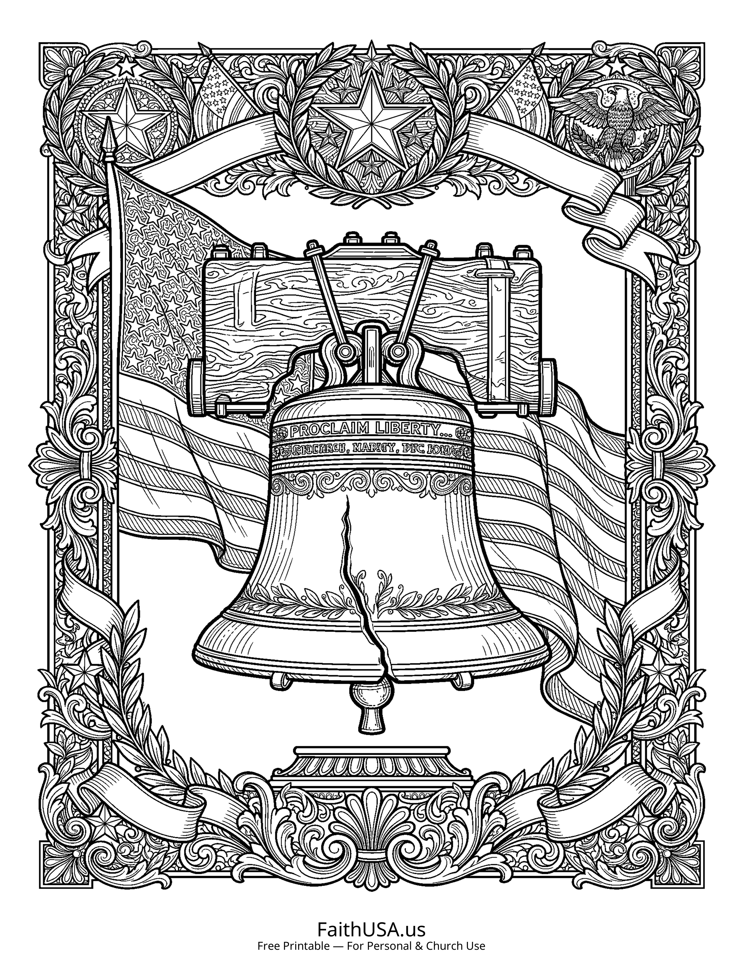 Free printable detailed American flag with Liberty Bell coloring page PDF for Independence Day and American history lessons