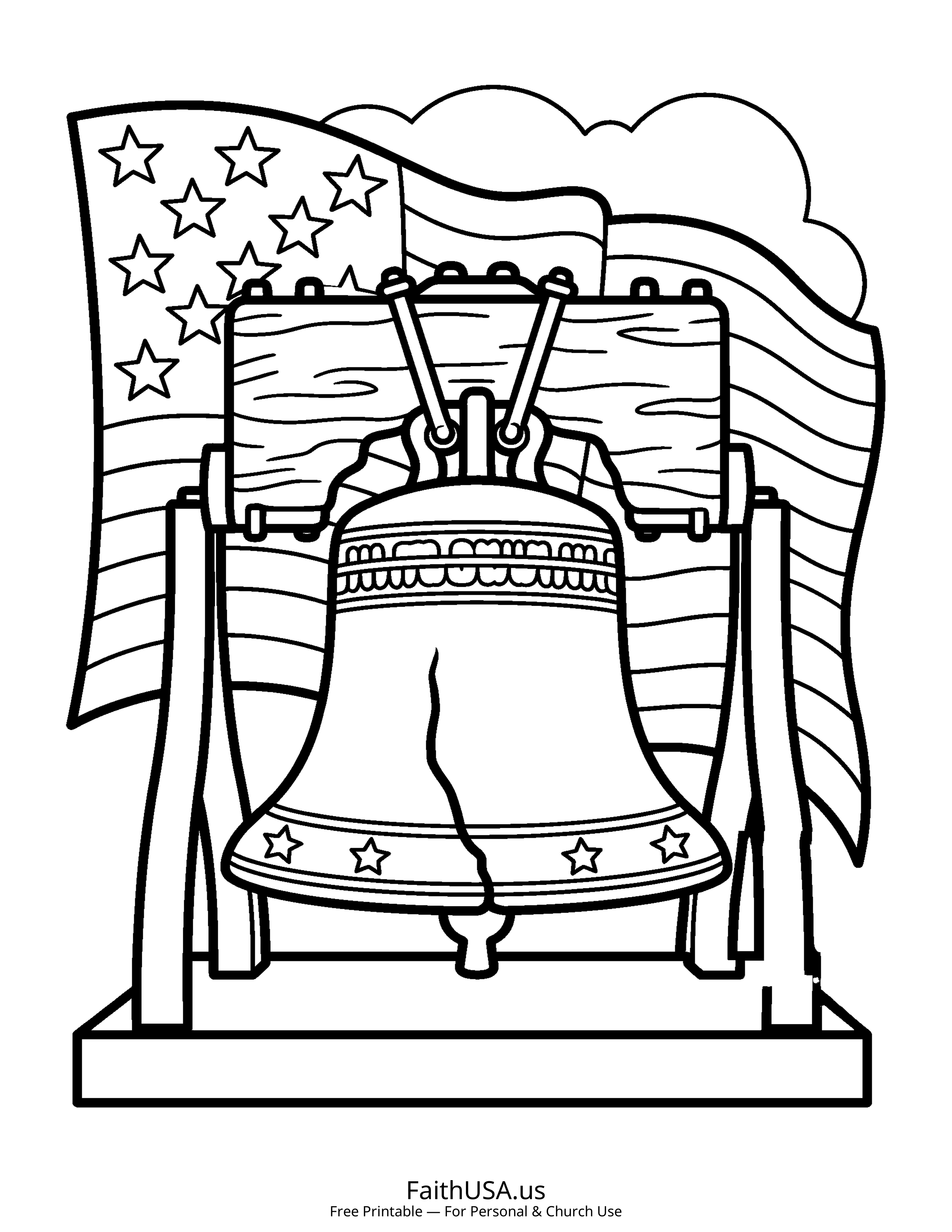 Free printable simple American flag with Liberty Bell coloring page PDF for Independence Day and American history lessons