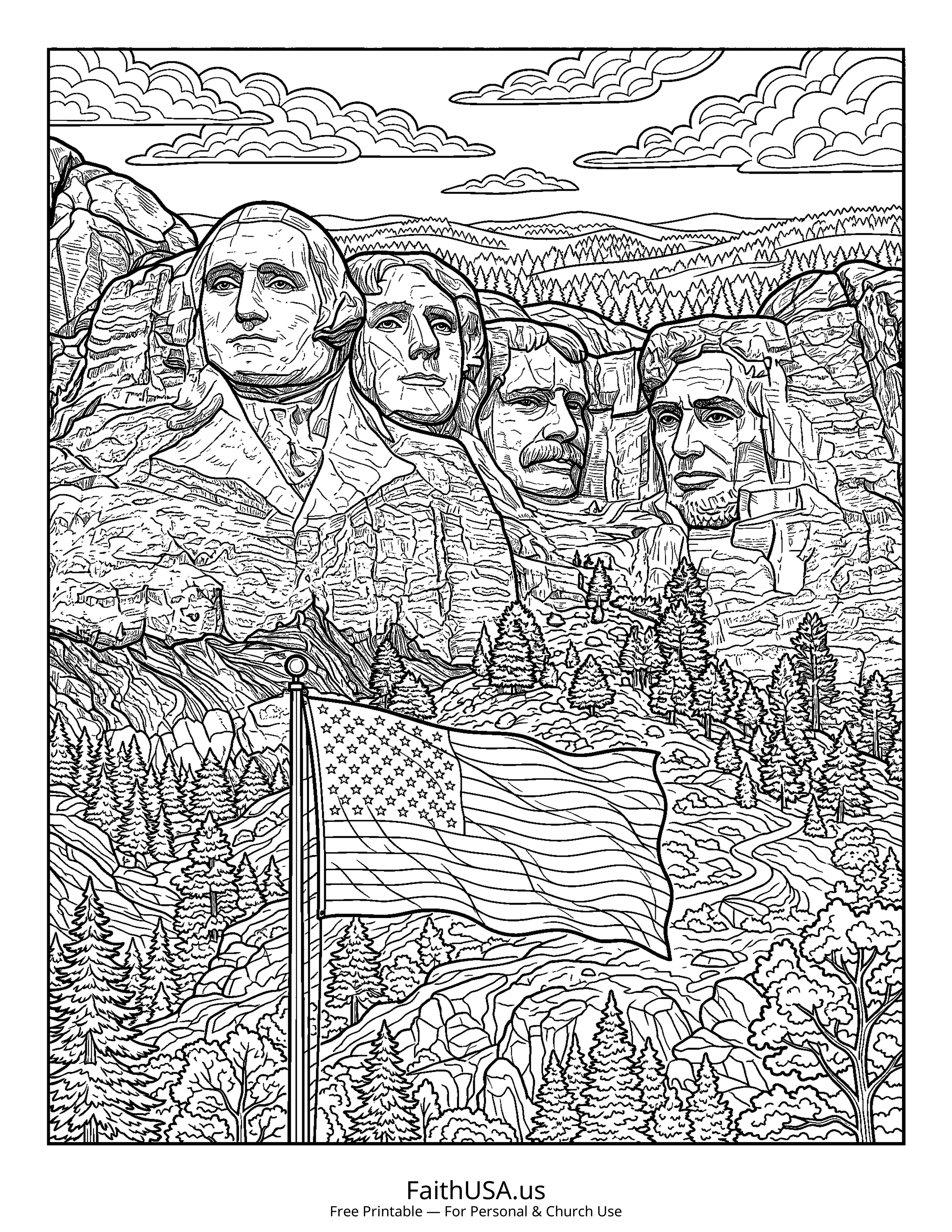 Free printable detailed American flag with Mount Rushmore coloring page PDF for U.S. landmark, American history, and civics lessons
