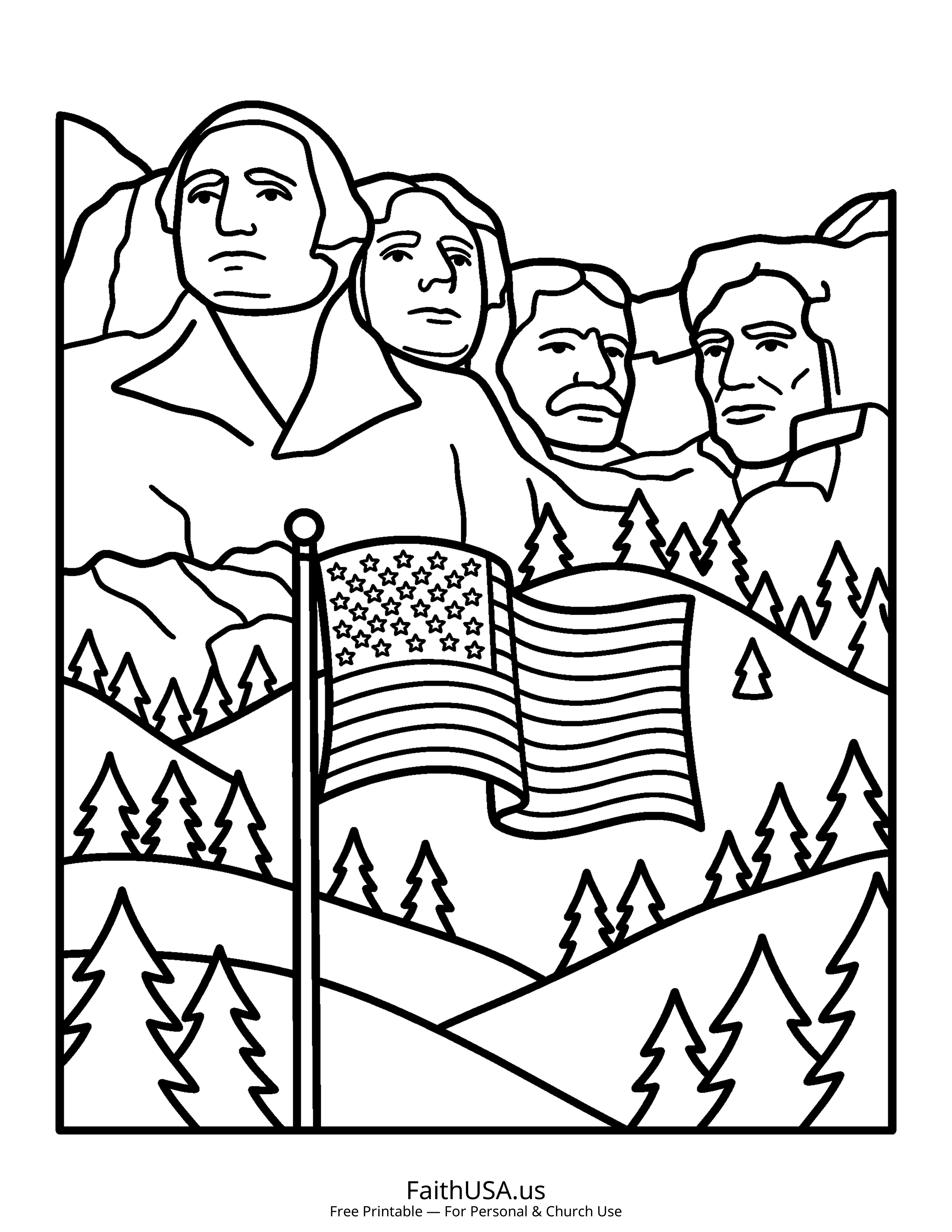 Free printable simple American flag with Mount Rushmore coloring page PDF for U.S. landmark, American history, and civics lessons