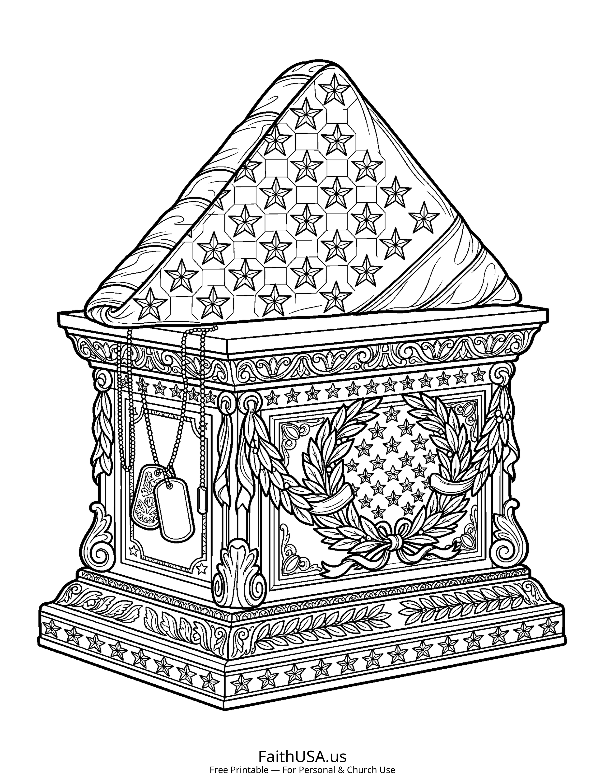 Free printable detailed folded American flag coloring page PDF for Memorial Day, Veterans Day, and classroom remembrance lessons