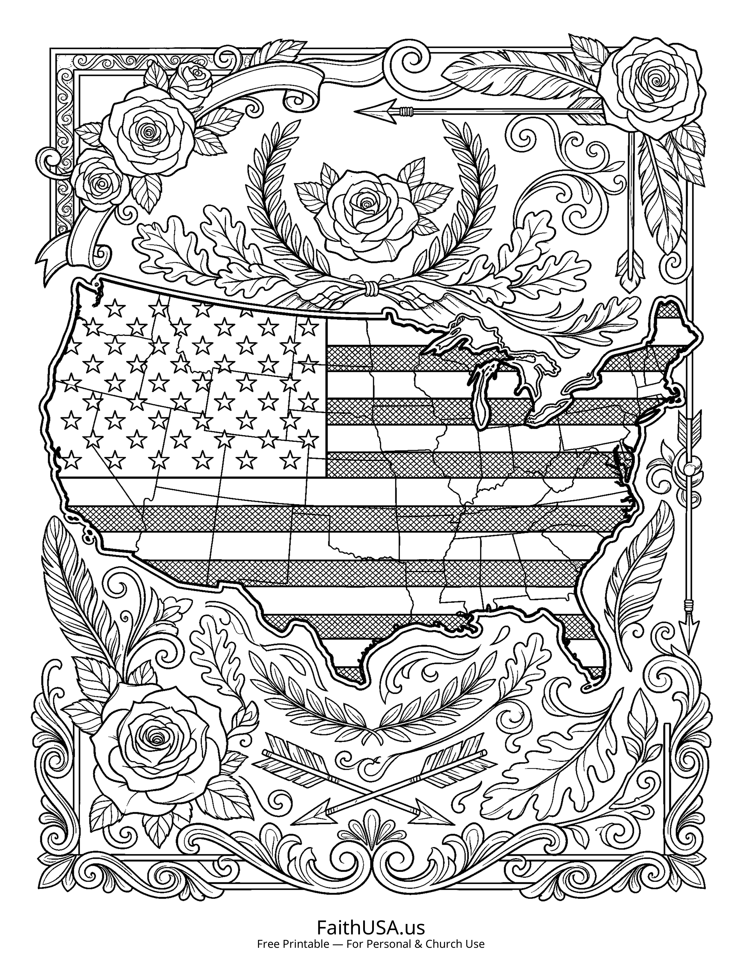 Free printable detailed American flag USA map coloring page PDF for geography, homeschool, and American civics lessons