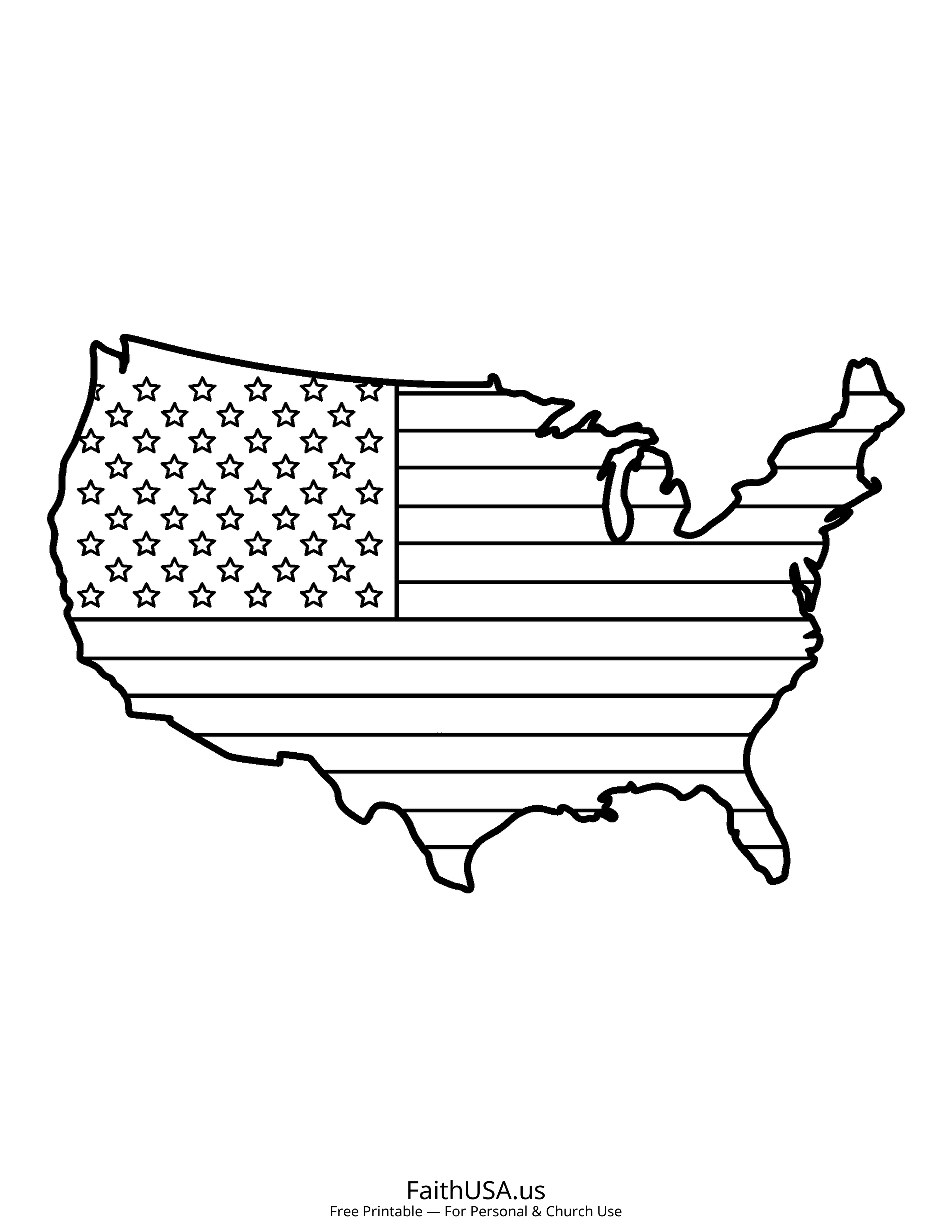 Free printable simple American flag USA map coloring page PDF for kindergarten geography and civics lessons