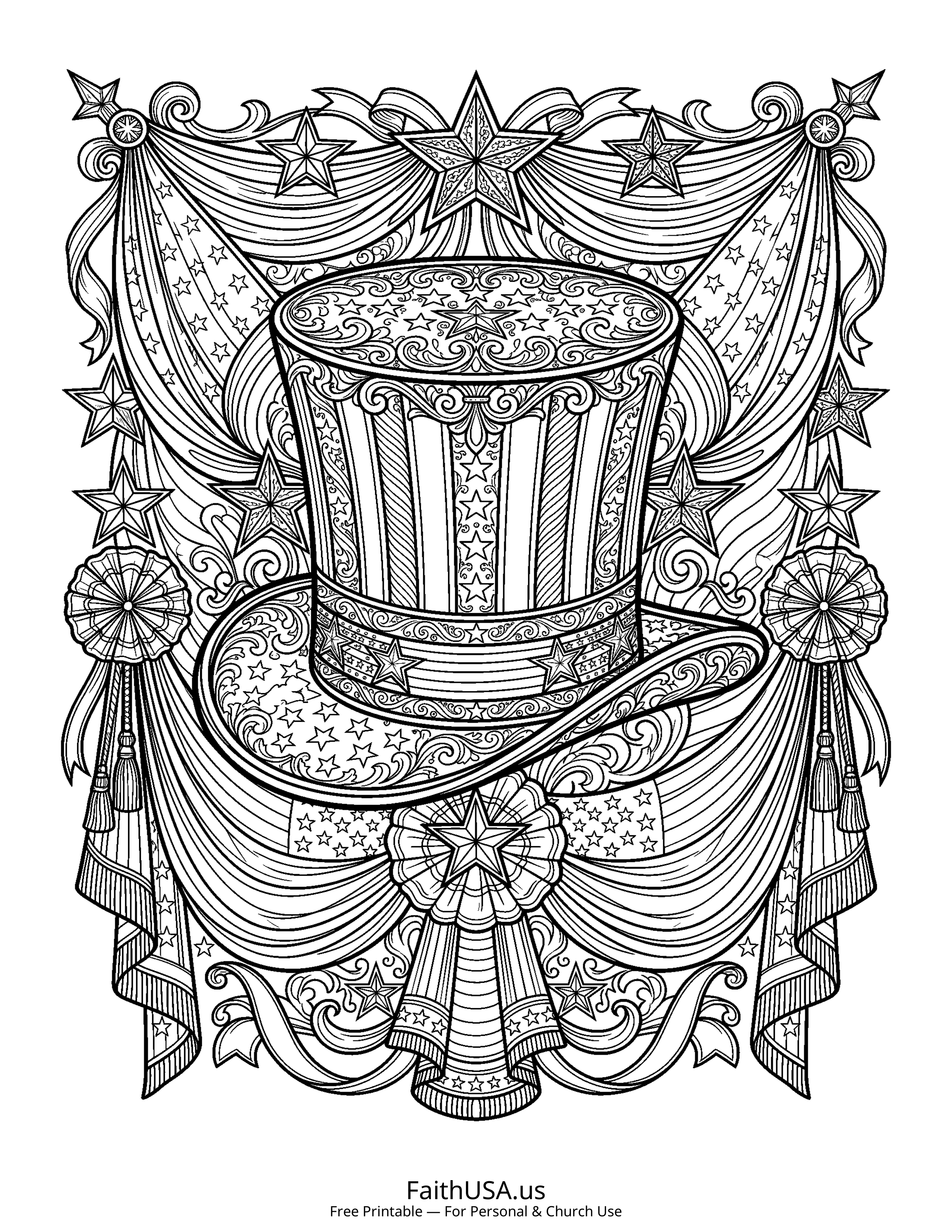 Free printable detailed Uncle Sam hat coloring page PDF for older students and patriotic lessons
