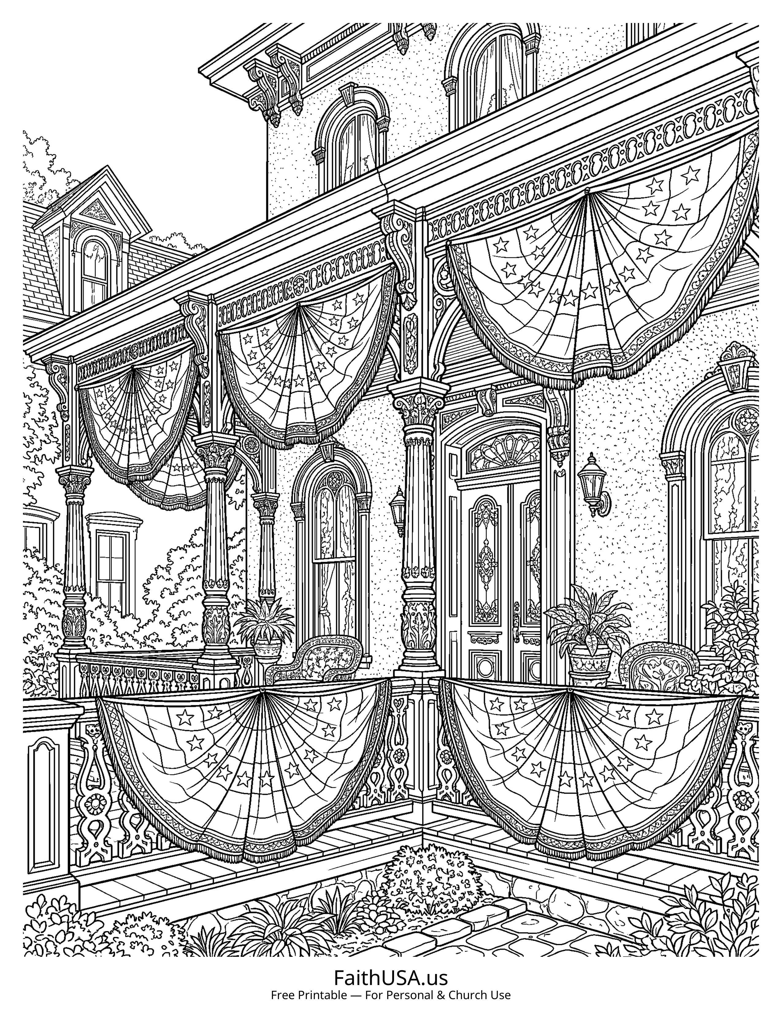 Free printable detailed American flag bunting coloring page PDF for Fourth of July decorations and patriotic parade packets