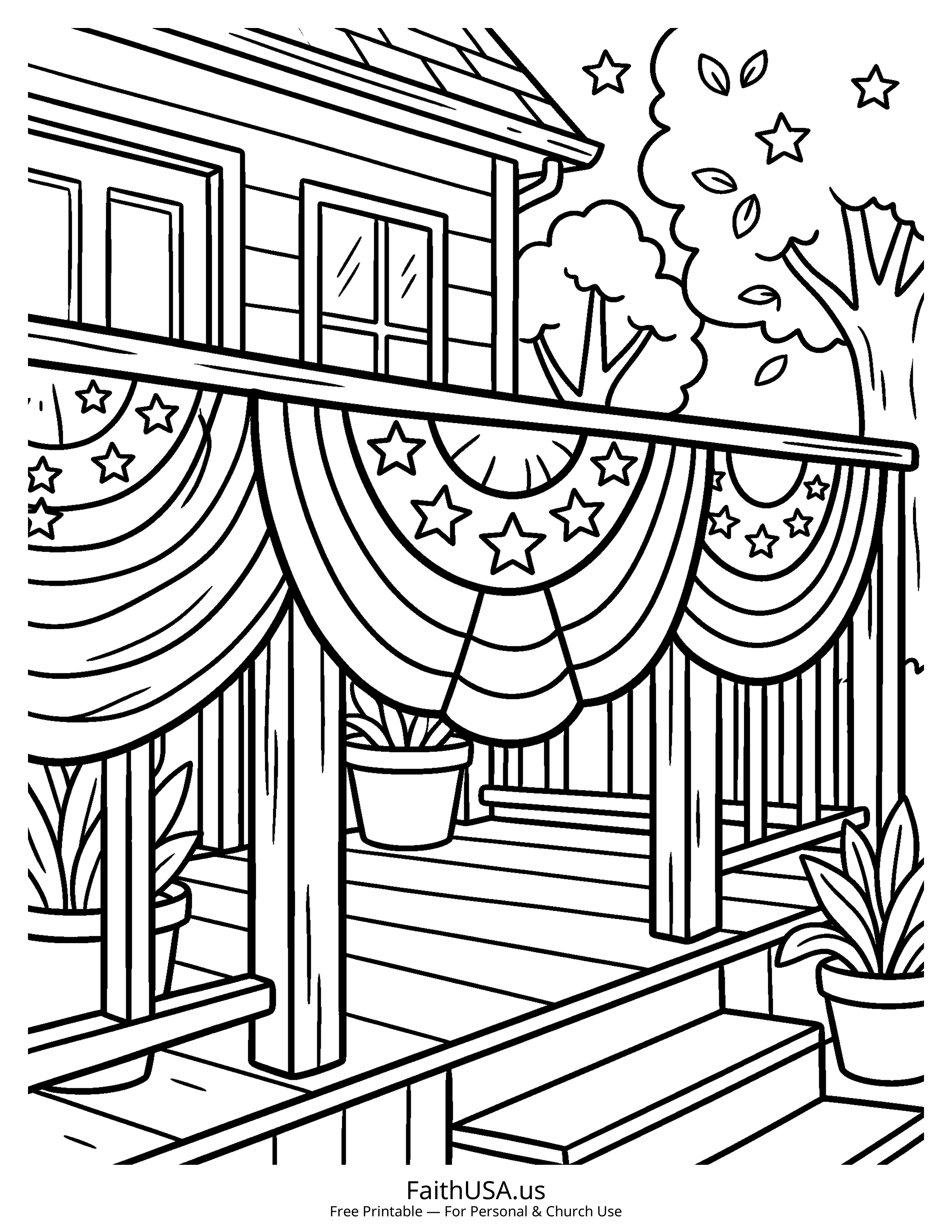 Free printable simple American flag bunting coloring page PDF for Fourth of July decorations and patriotic parade packets