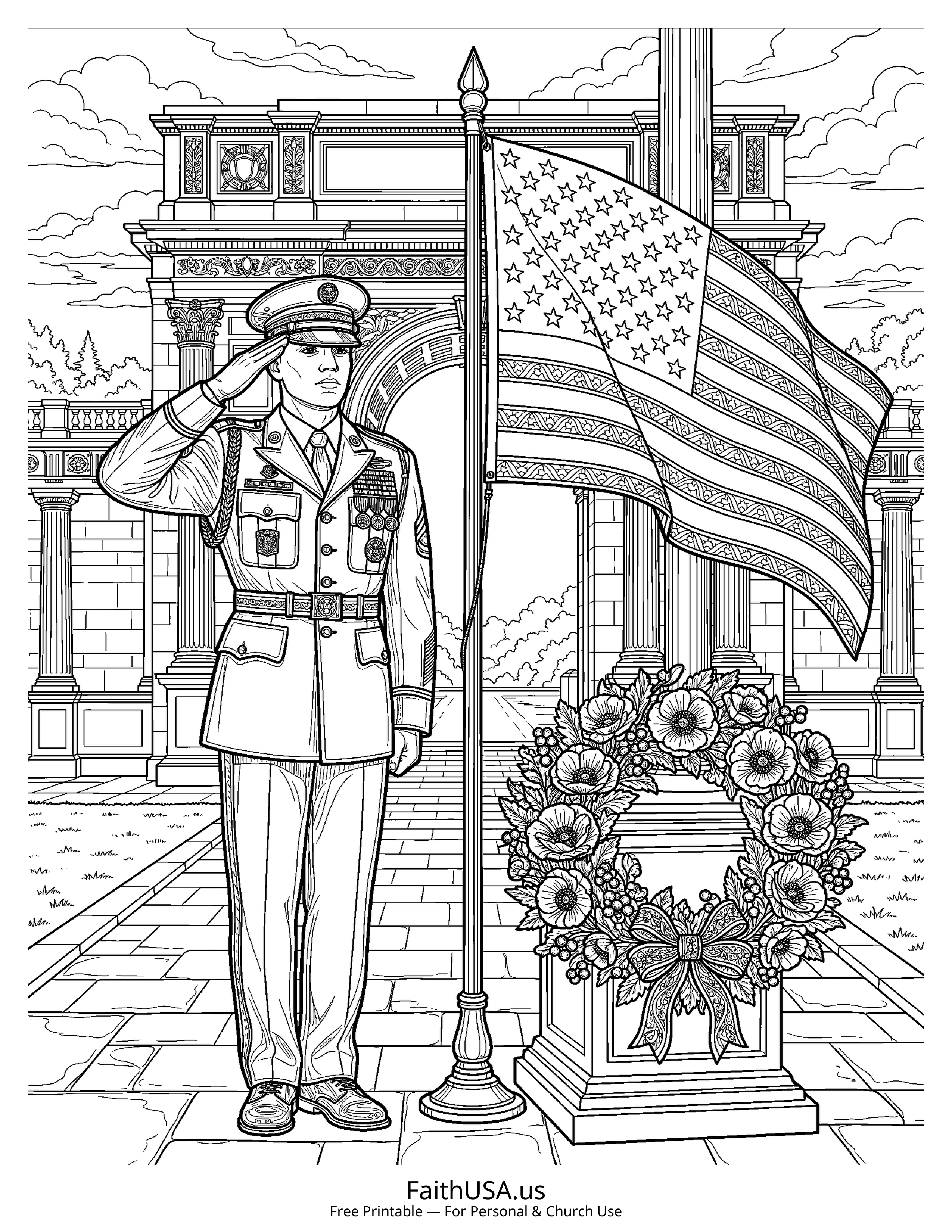 Free printable detailed soldier saluting the American flag coloring page PDF for Memorial Day, Veterans Day, and classroom remembrance lessons
