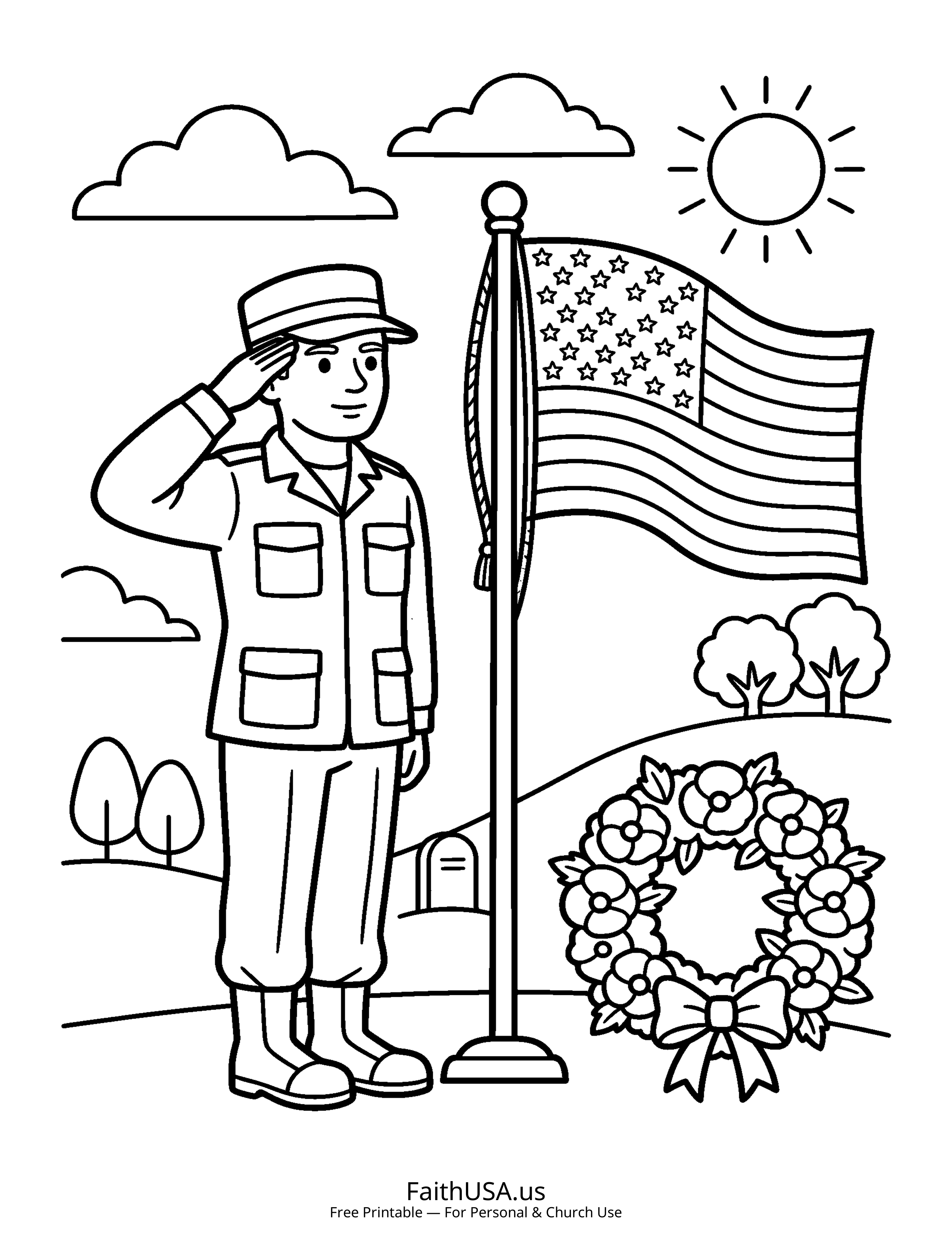Free printable simple soldier saluting the American flag coloring page PDF for Memorial Day, Veterans Day, and classroom remembrance lessons