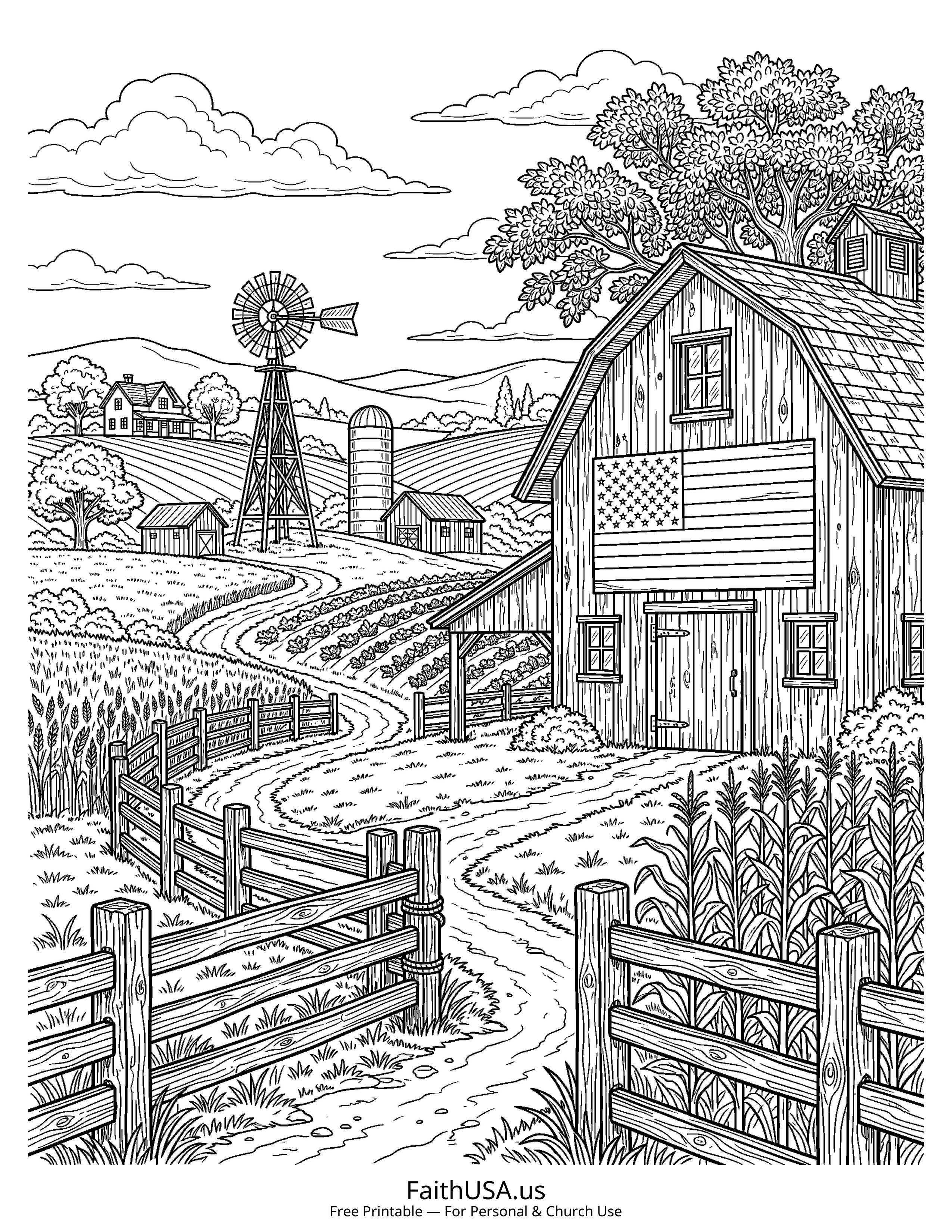 Free printable detailed American flag painted barn coloring page PDF for older students and patriotic lessons