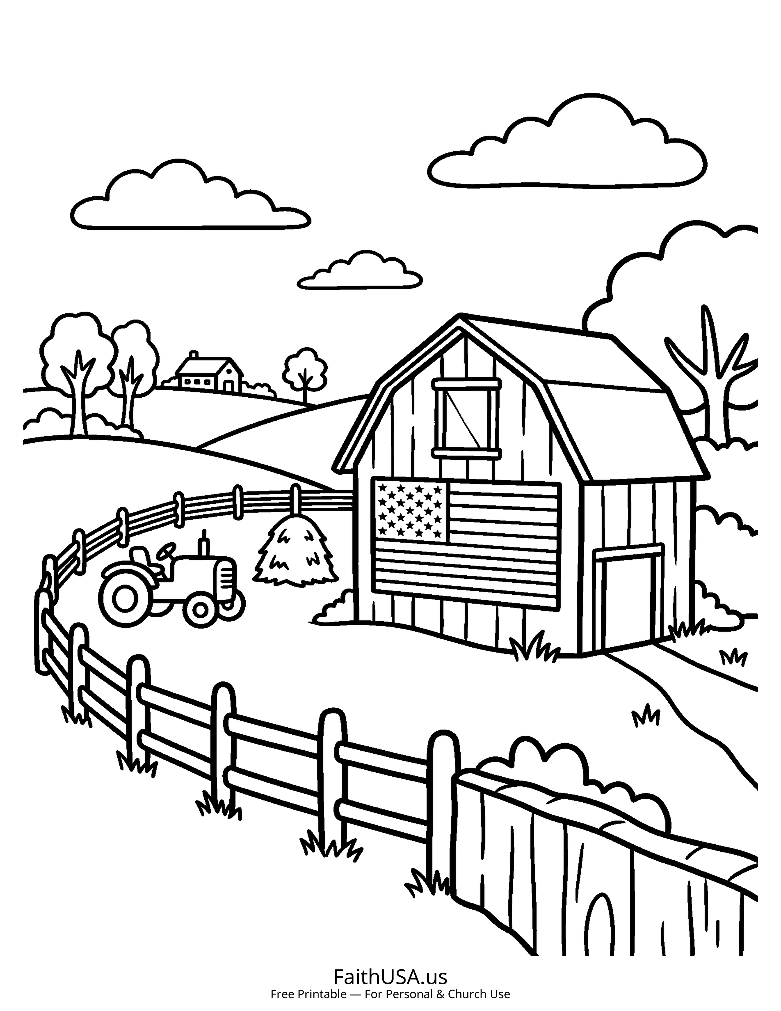 Free printable simple American flag painted barn coloring page PDF for kids and patriotic lessons