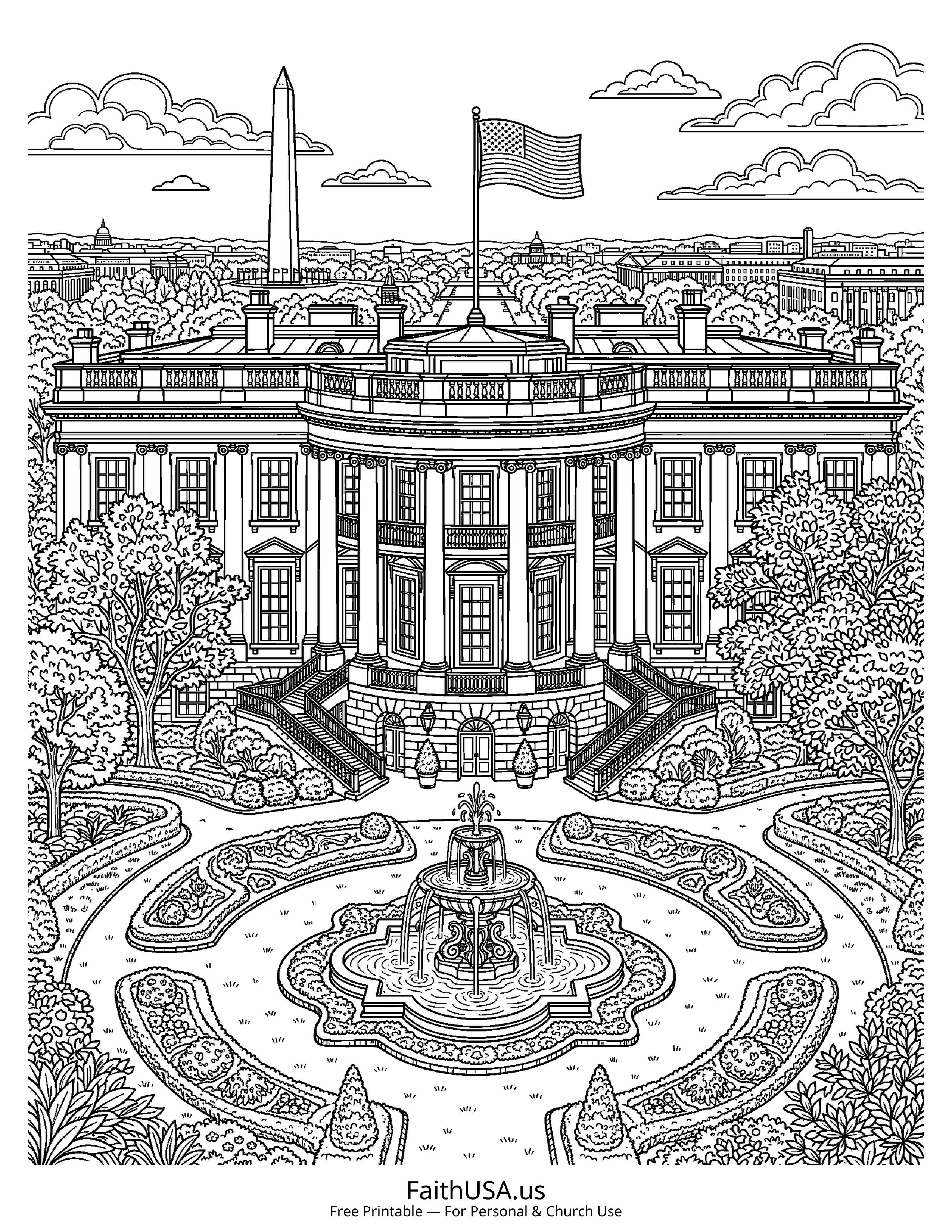 Free printable detailed American flag at the White House coloring page PDF for older students and patriotic lessons