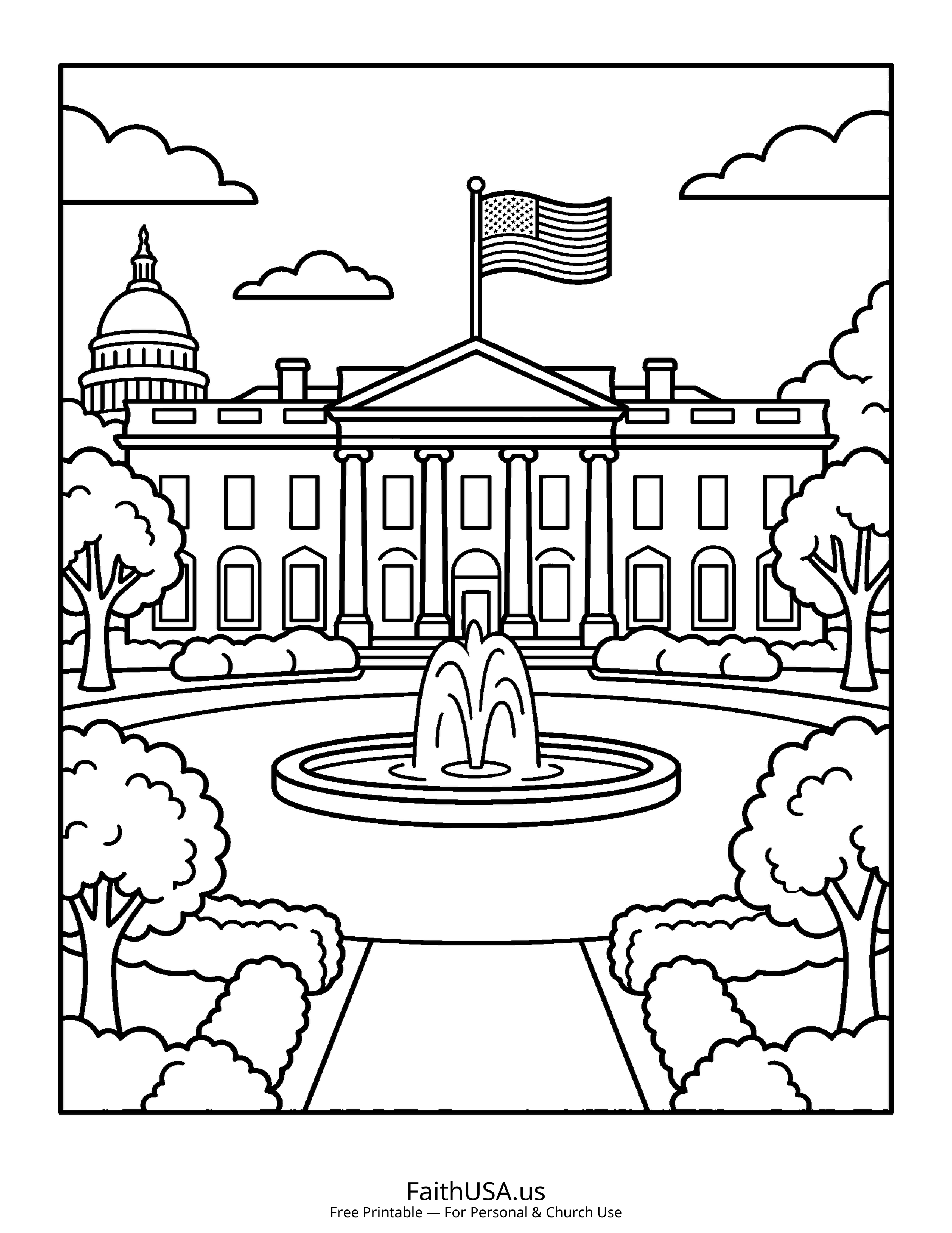 Free printable simple American flag at the White House coloring page PDF for kids and patriotic lessons