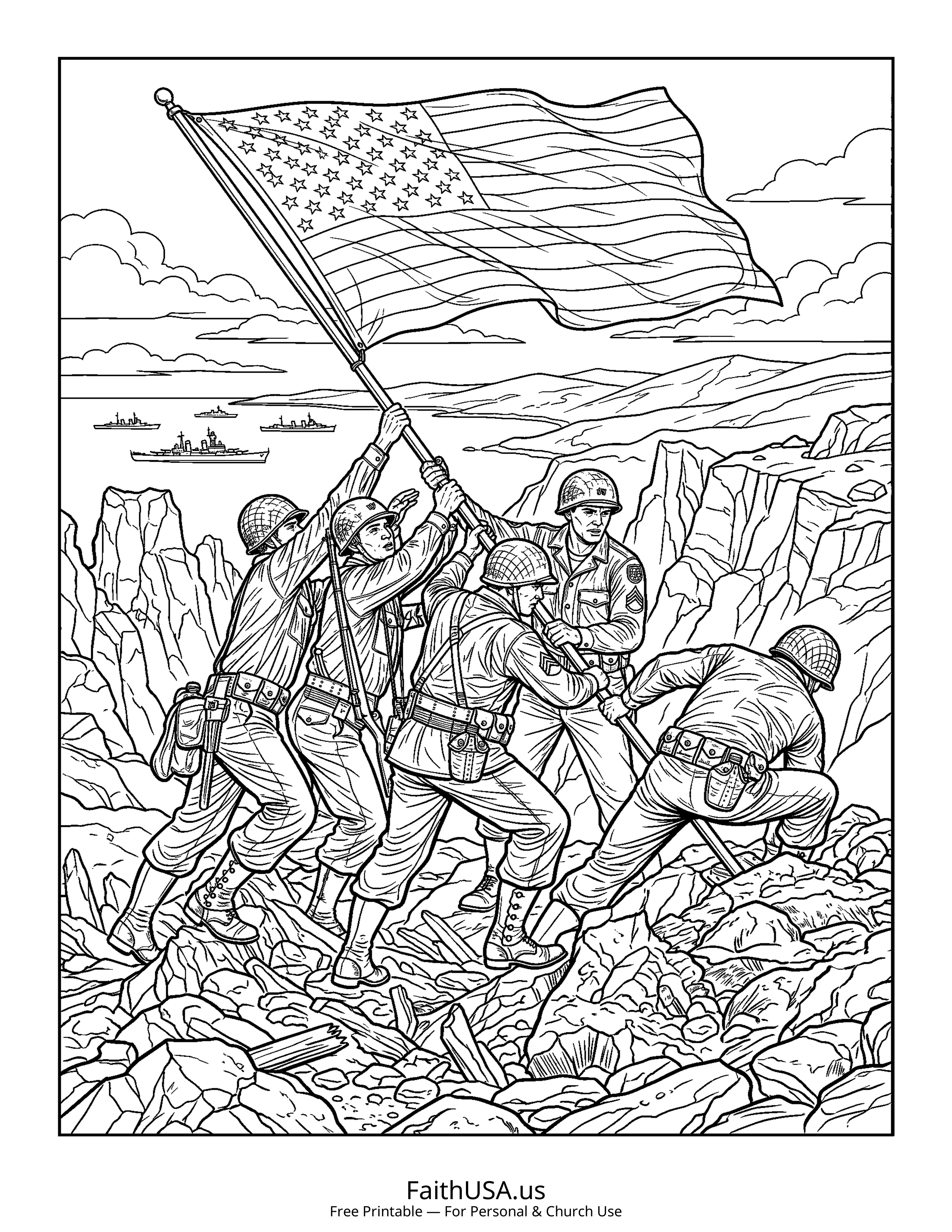 Free printable detailed American flag raising coloring page PDF for American symbols lessons