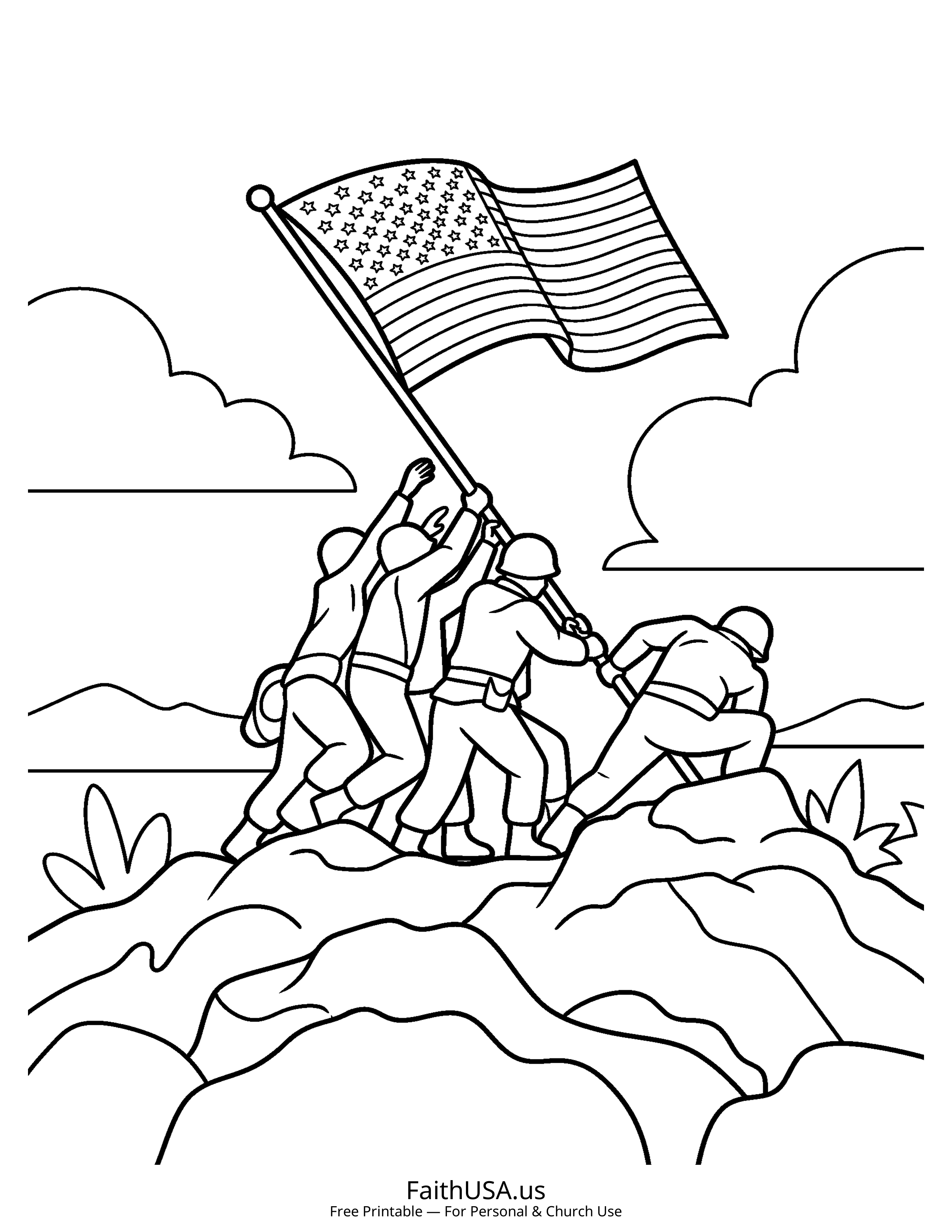 Free printable simple American flag raising coloring page PDF for American symbols lessons