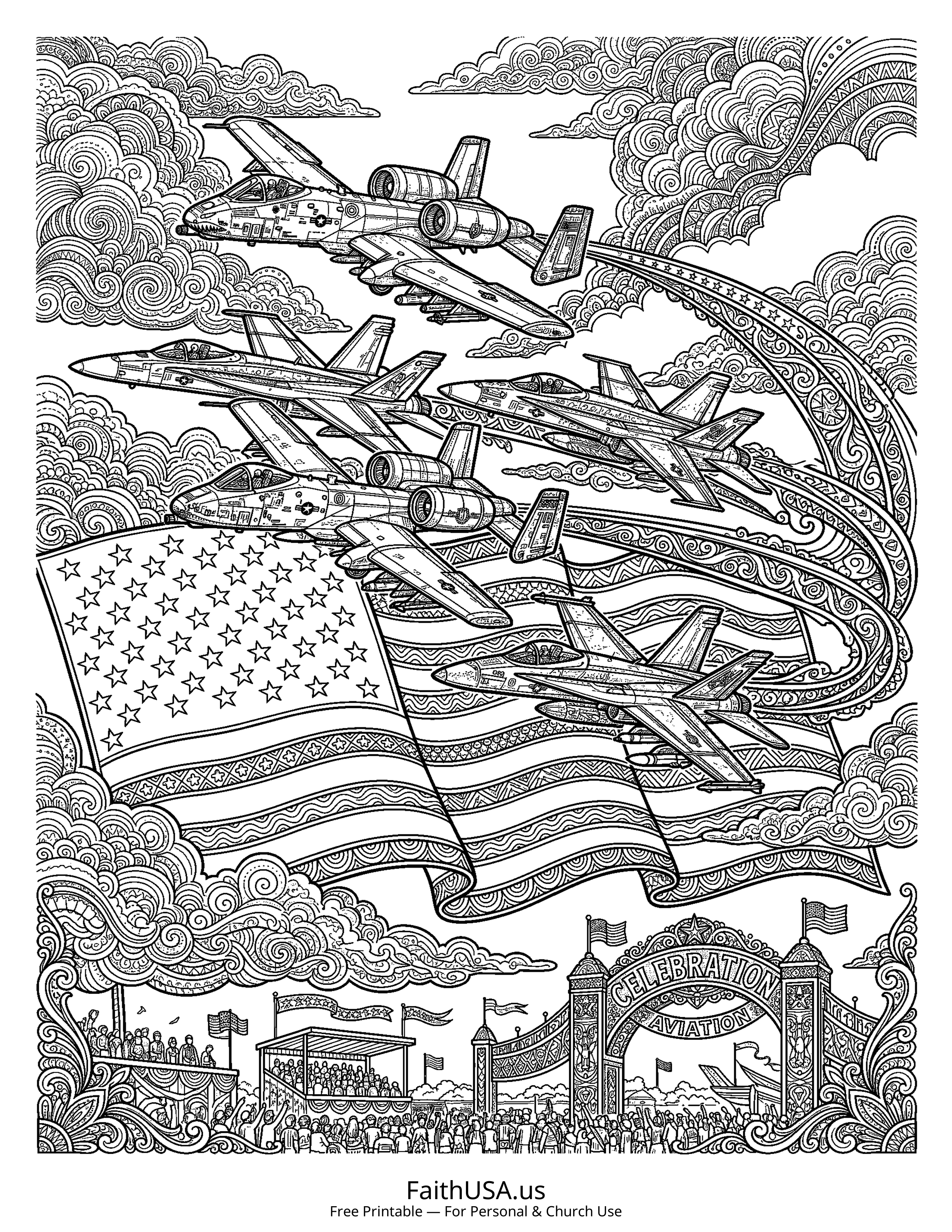 Free printable detailed American flag with jets flyover coloring page PDF for American symbols lessons