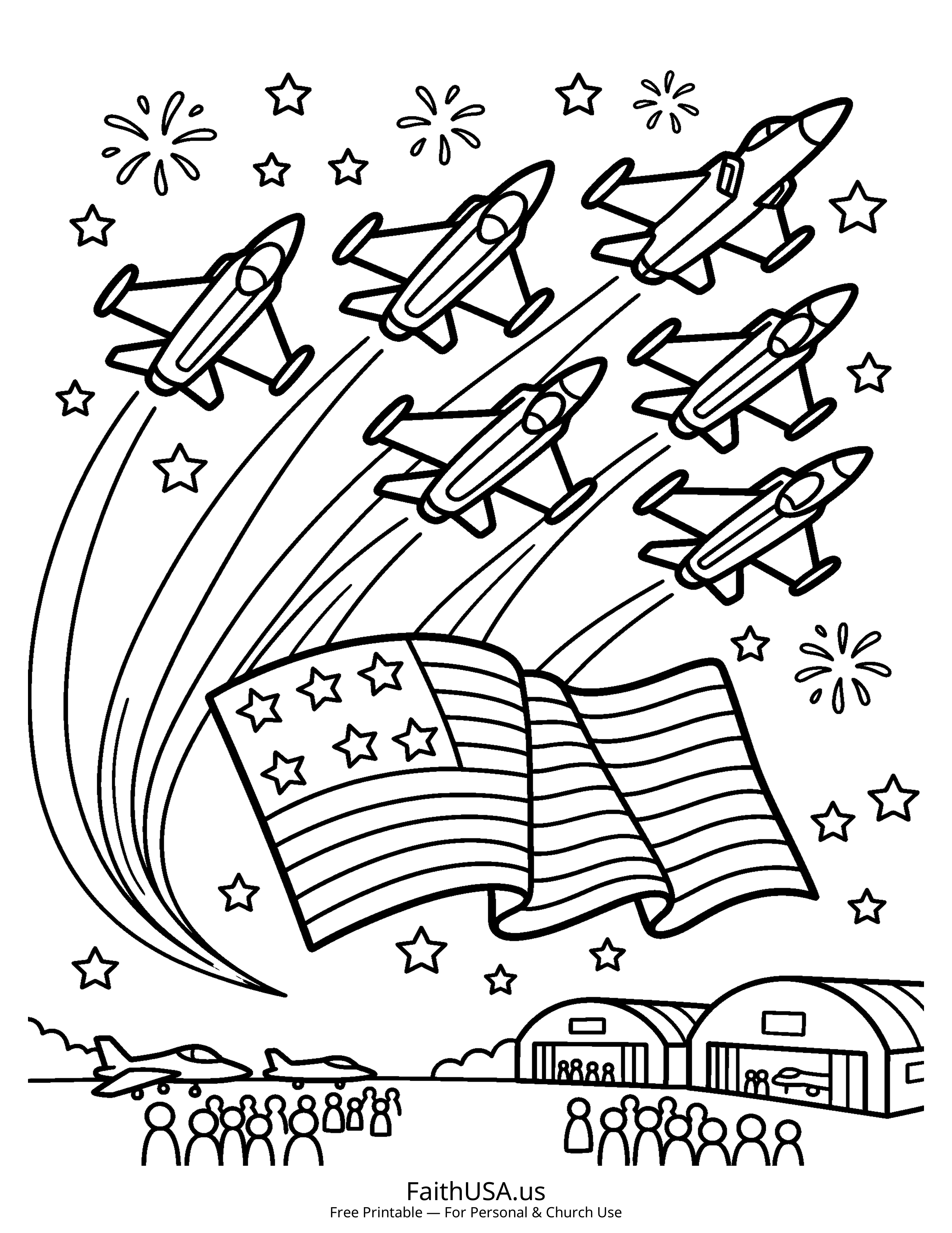 Free printable simple American flag with jets flyover coloring page PDF for American symbols lessons