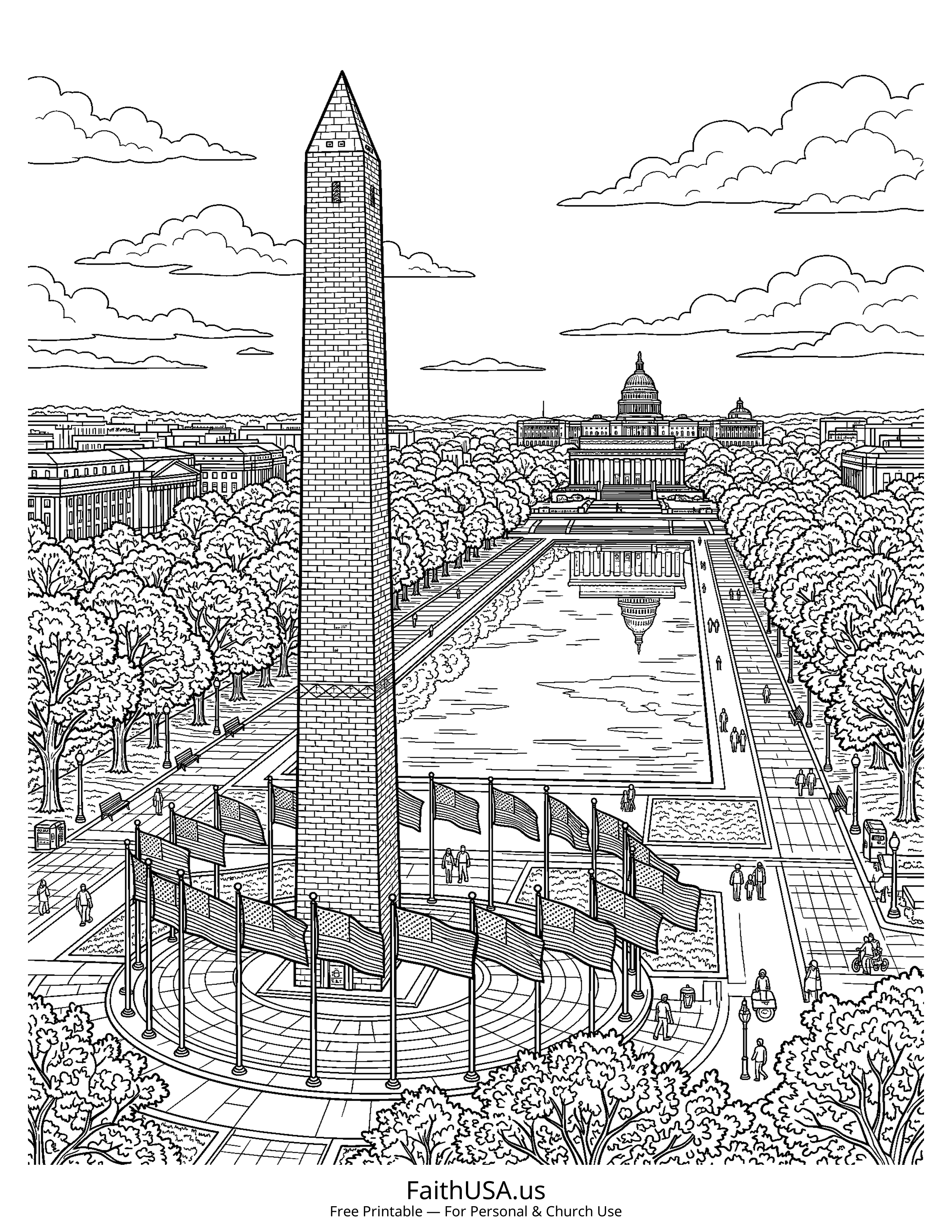 Free printable detailed American flag at the Washington Monument coloring page PDF for American history lessons