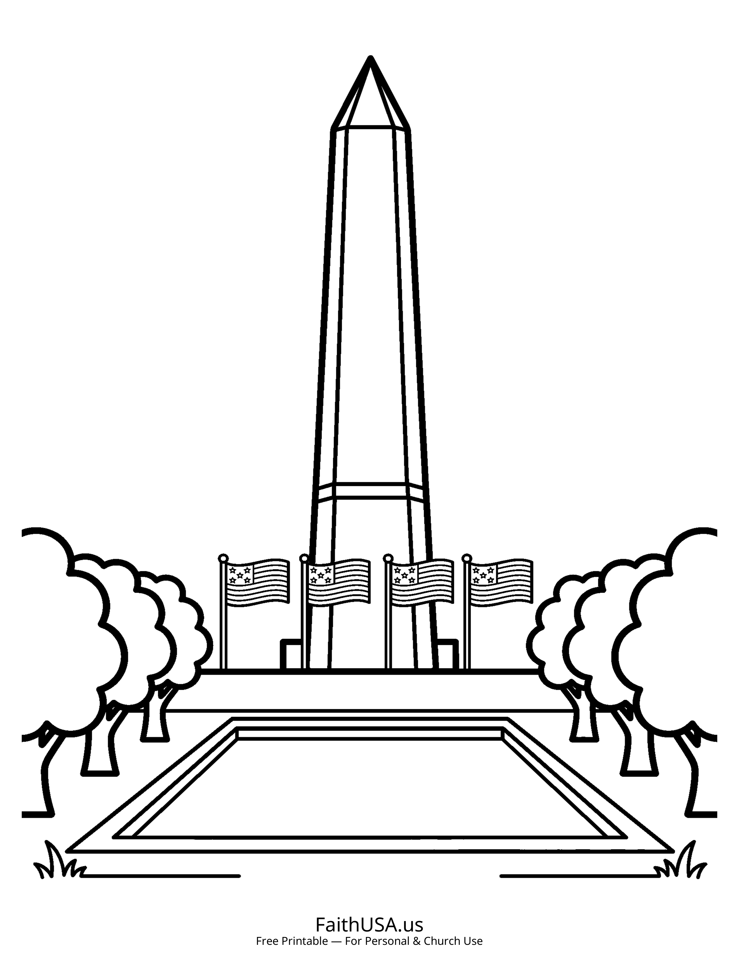 Free printable simple American flag at the Washington Monument coloring page PDF for American history lessons