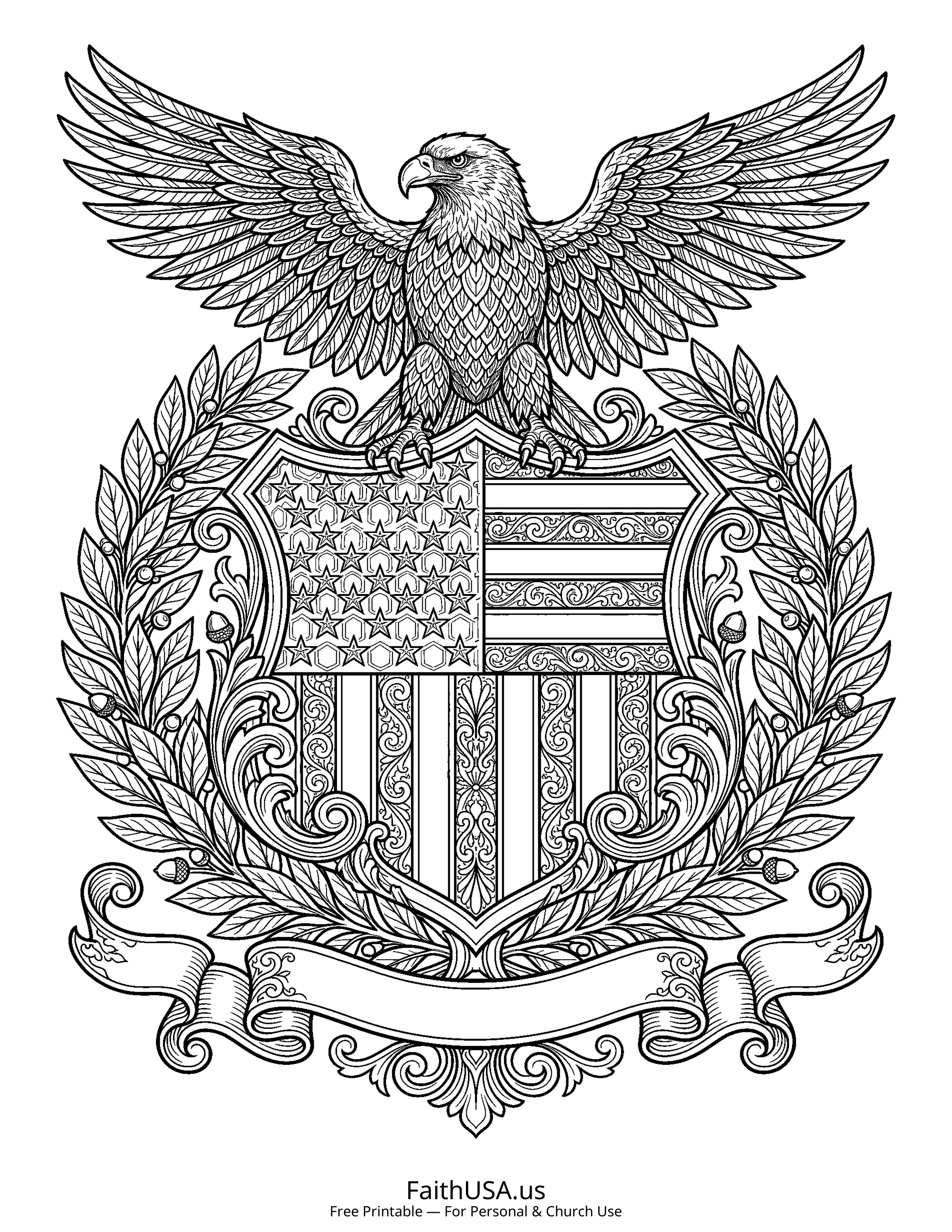 Free printable detailed American flag shield with eagle coloring page PDF for American symbols lessons