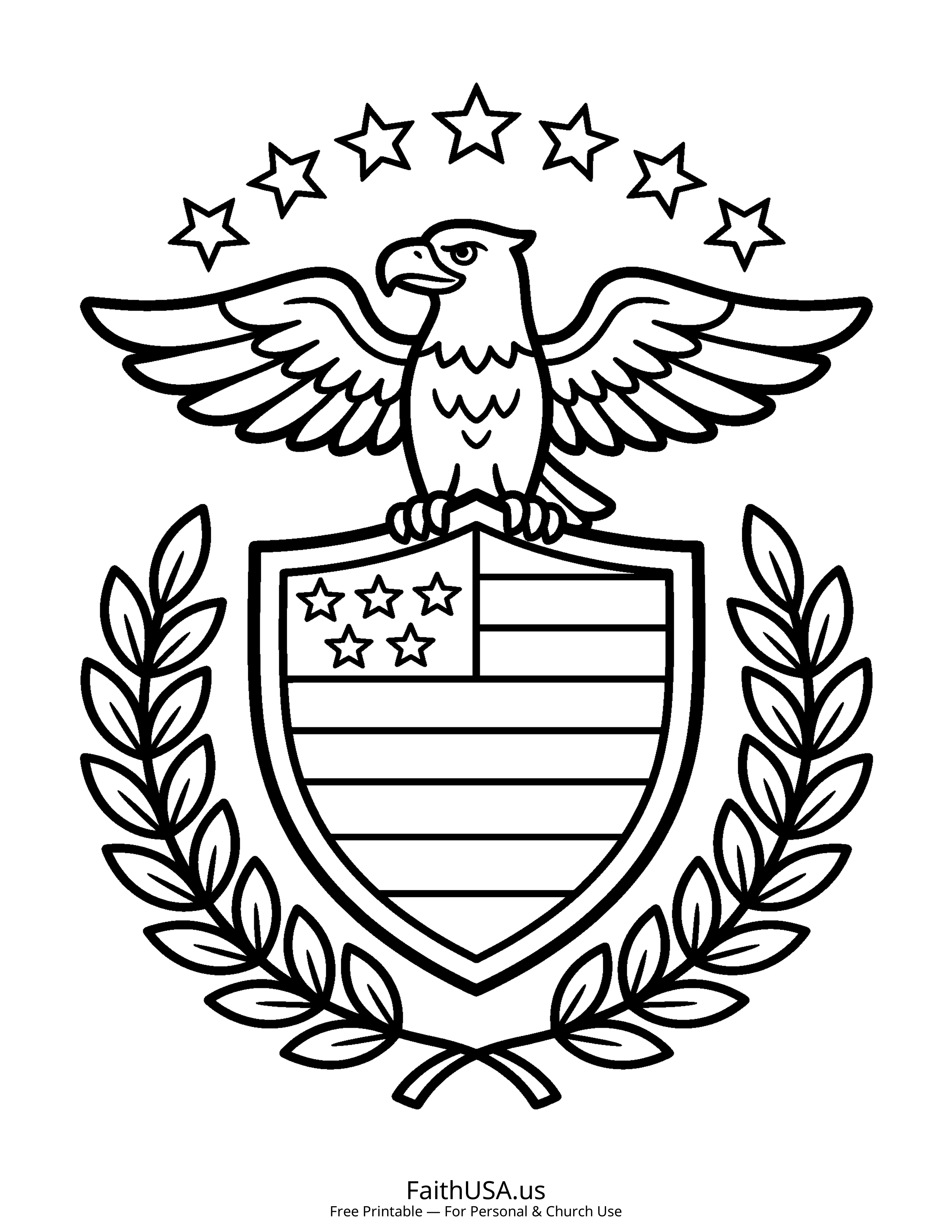 Free printable simple American flag shield with eagle coloring page PDF for American symbols lessons