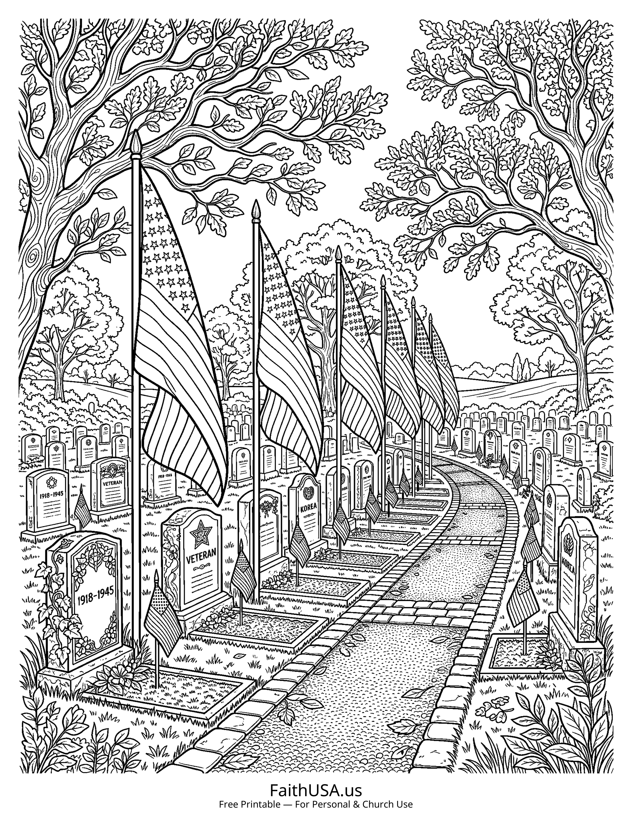 Free printable detailed American flag at a memorial cemetery coloring page PDF for Memorial Day, Veterans Day, and classroom remembrance lessons