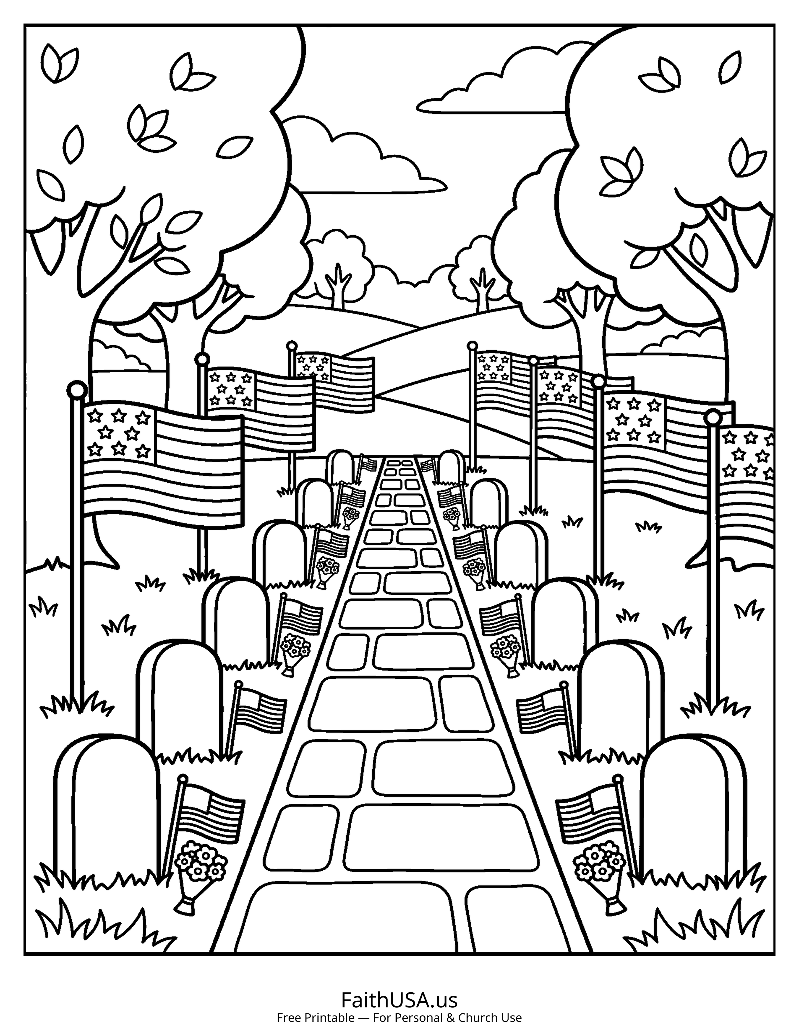 Free printable simple American flag at a memorial cemetery coloring page PDF for Memorial Day, Veterans Day, and classroom remembrance lessons
