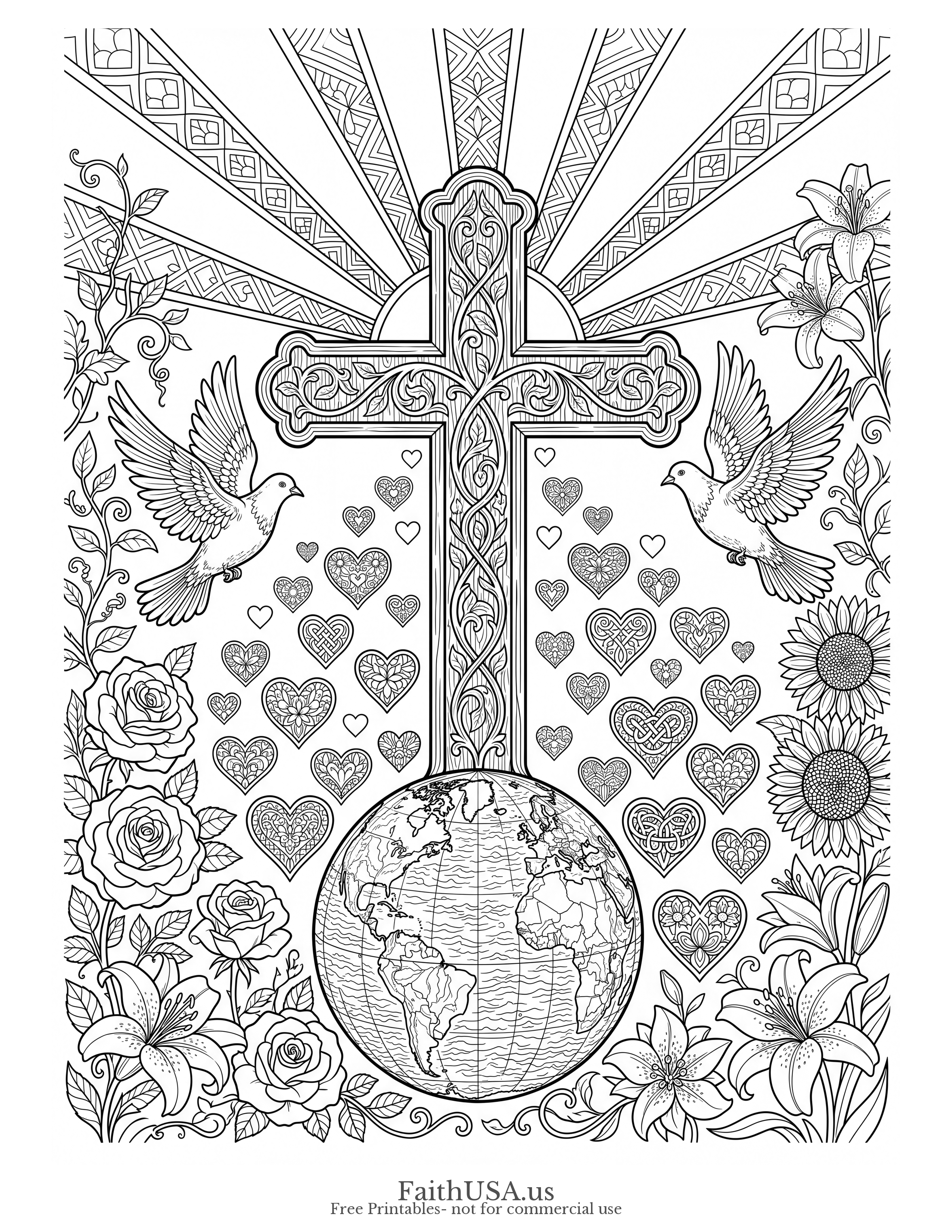 Free printable John 3:16 coloring page — detailed intricate design with mandala cross, globe, florals, and doves