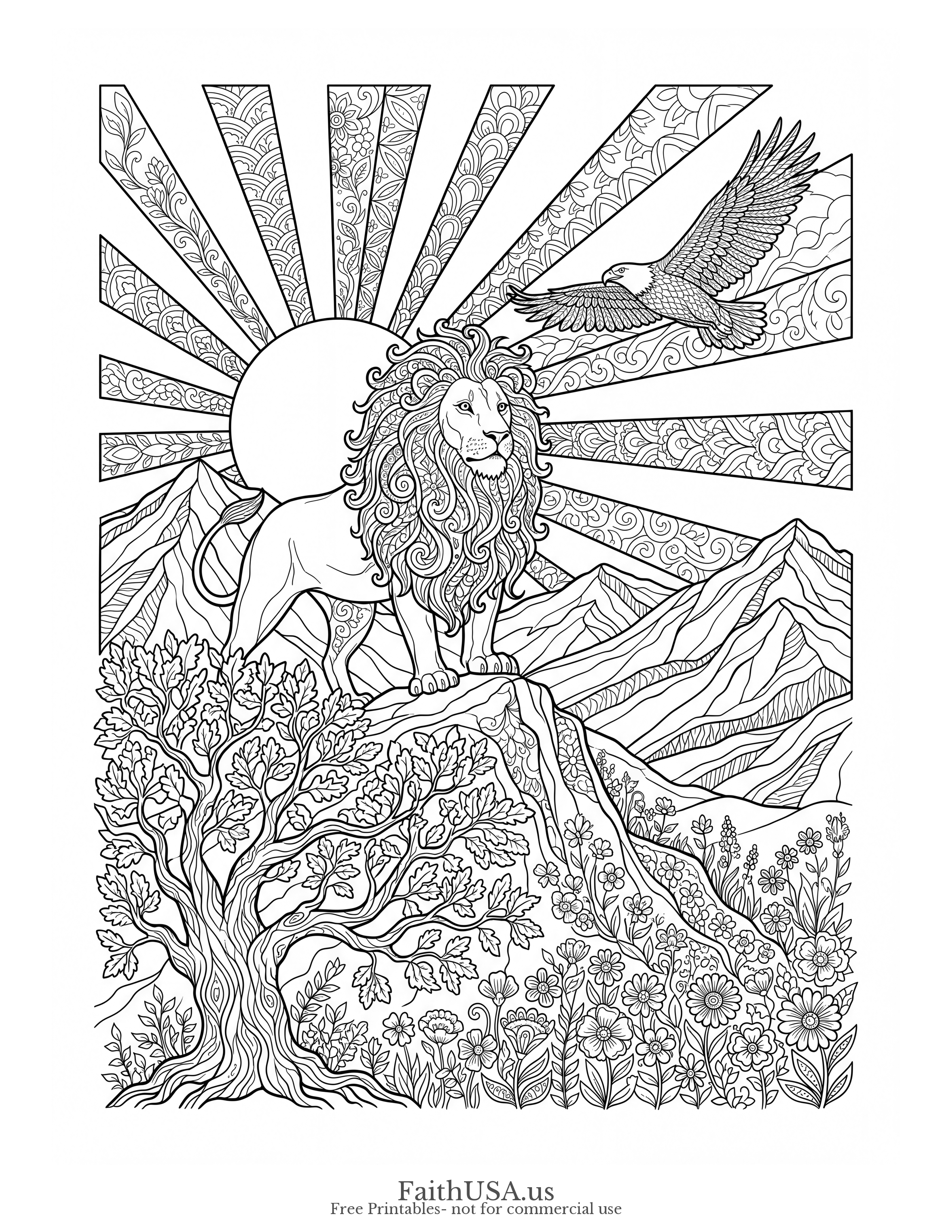 Free printable Philippians 4:13 coloring page — detailed intricate mountain scene with eagle, mandala sun, and ornate lettering