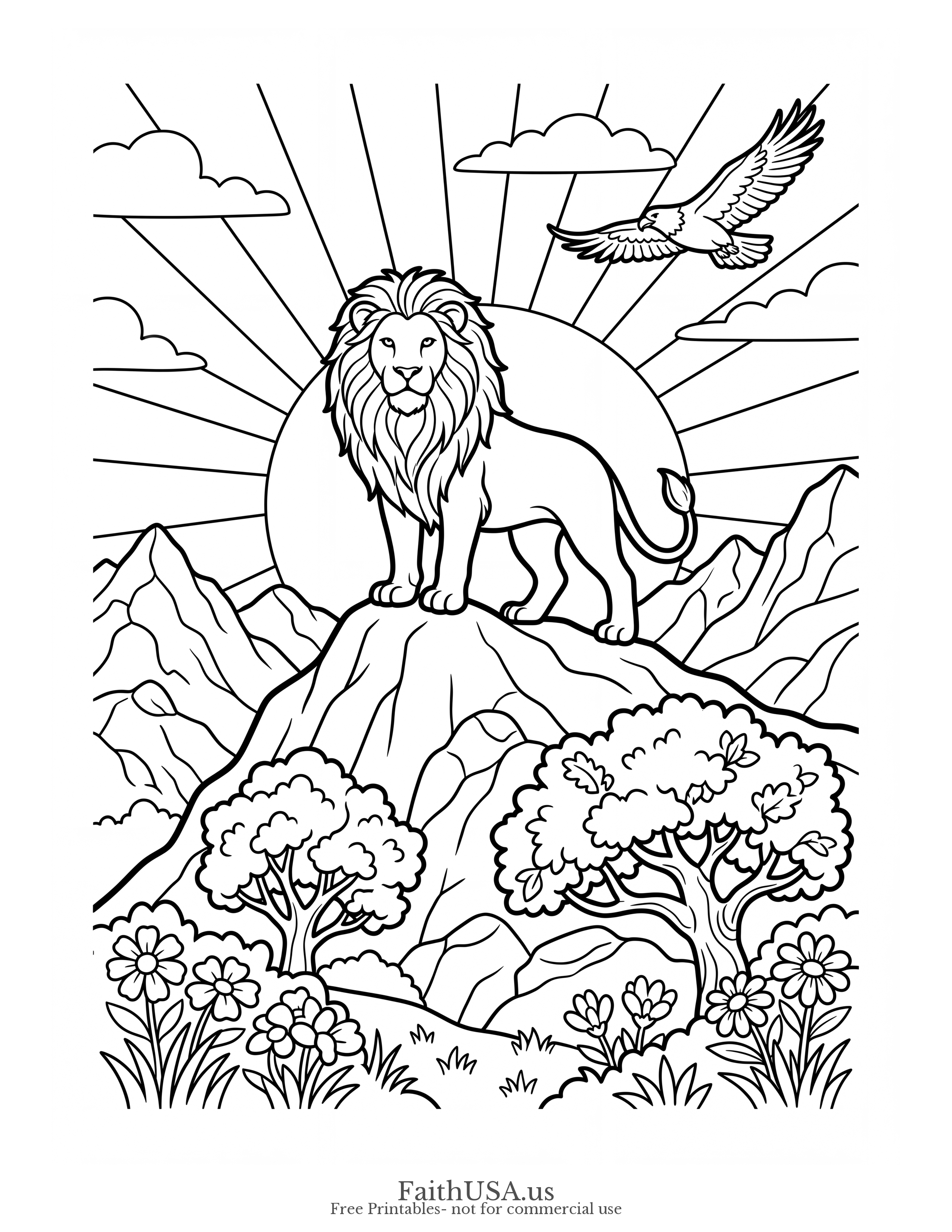 Free printable Philippians 4:13 coloring page — simple design with bold text, mountains, and rising sun