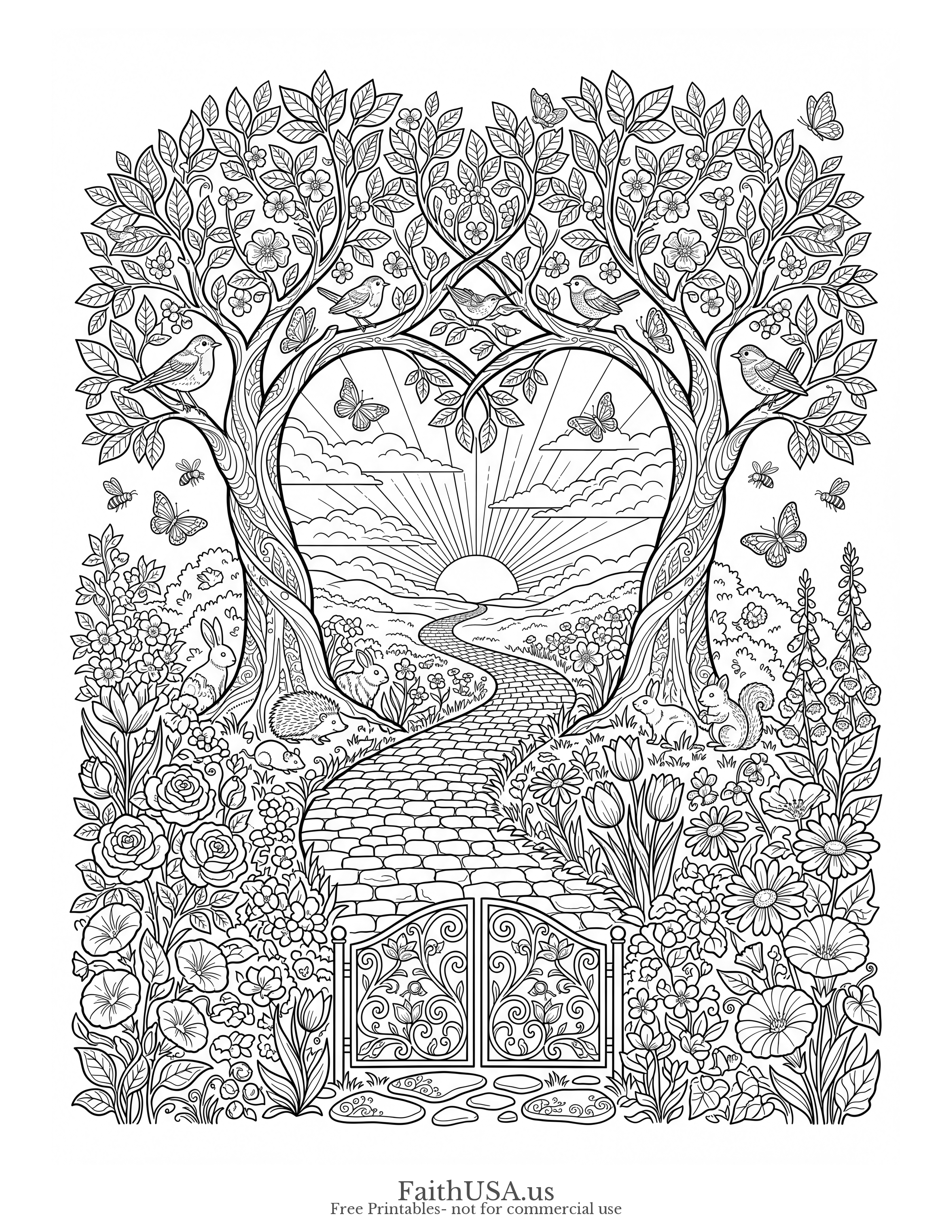 Free printable Proverbs 3:5-6 coloring page — detailed intricate heart mandala with road, compass rose, and botanical borders