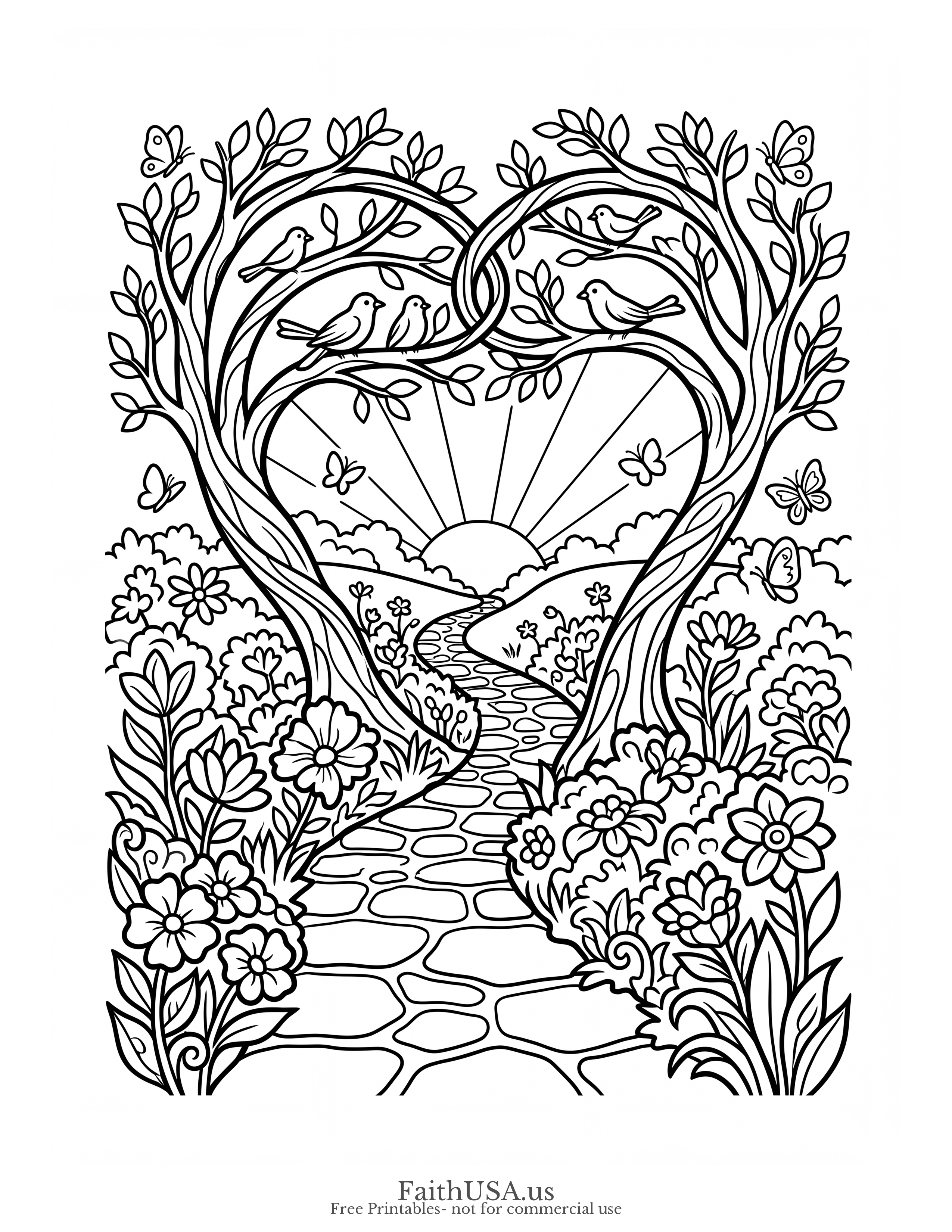 Free printable Proverbs 3:5-6 coloring page — simple heart, winding path, compass, and rays for kids