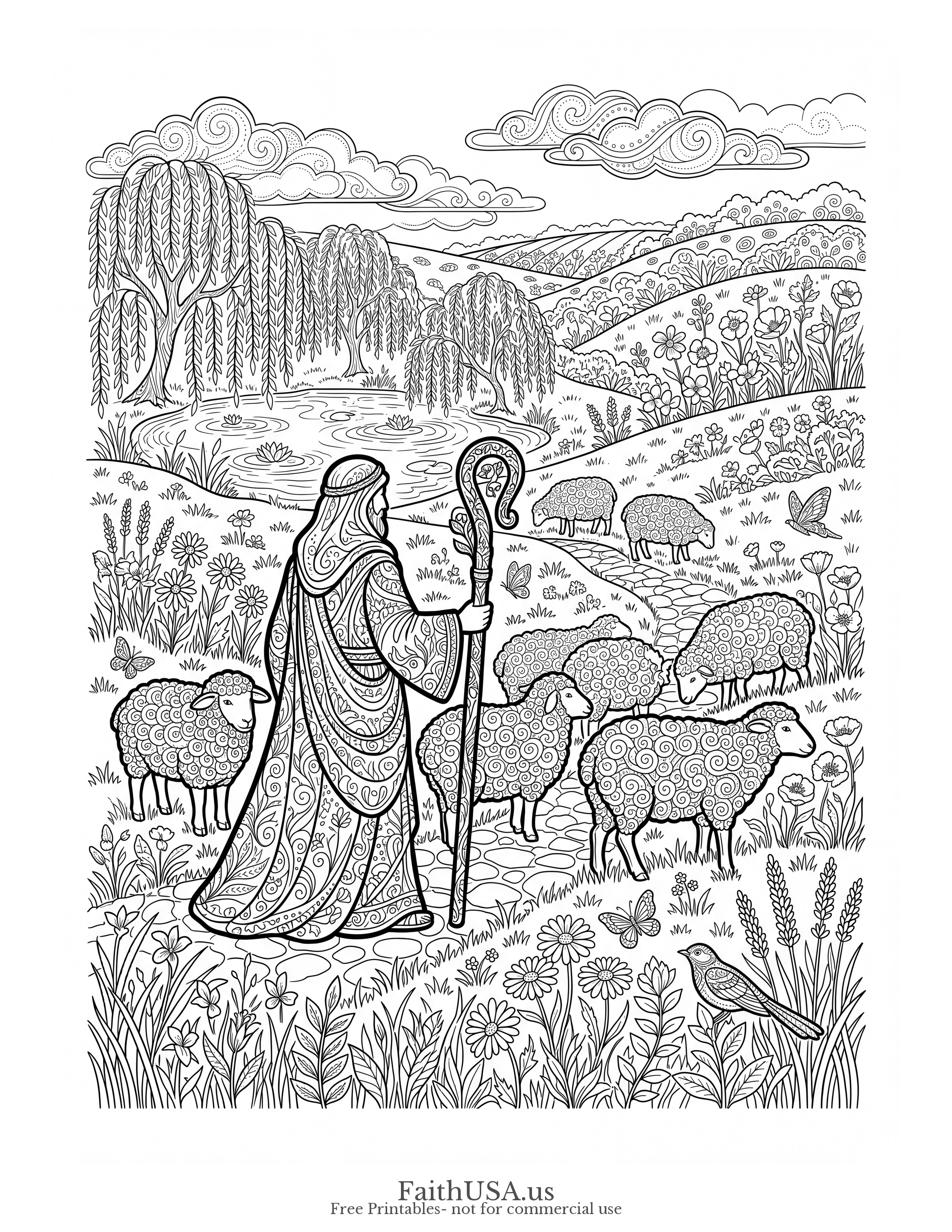 Free printable Psalm 23:1 coloring page — detailed intricate shepherd landscape with patterned lamb, flowers, and stream