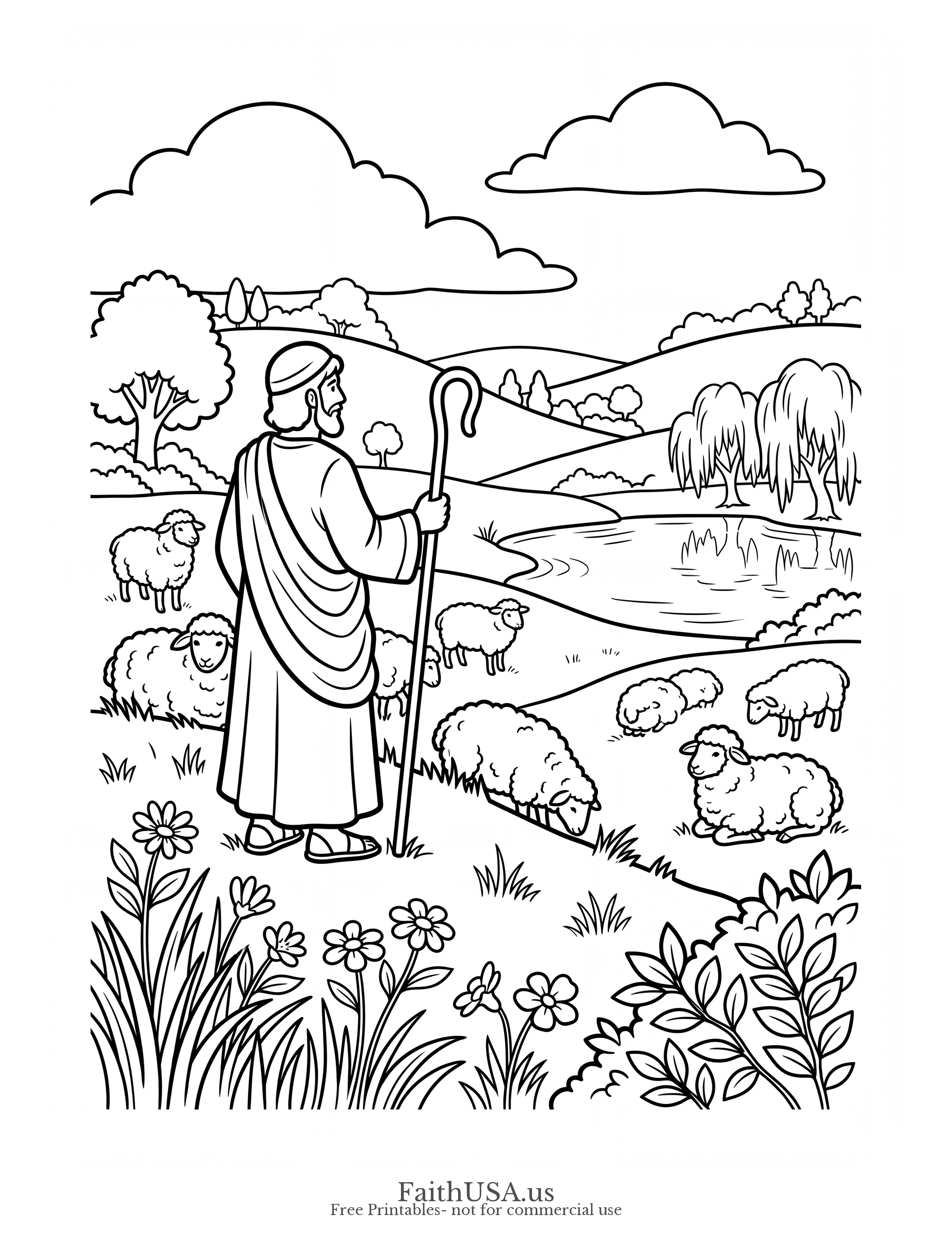 Free printable Psalm 23:1 coloring page — simple shepherd scene with lamb, staff, green pastures, and still waters