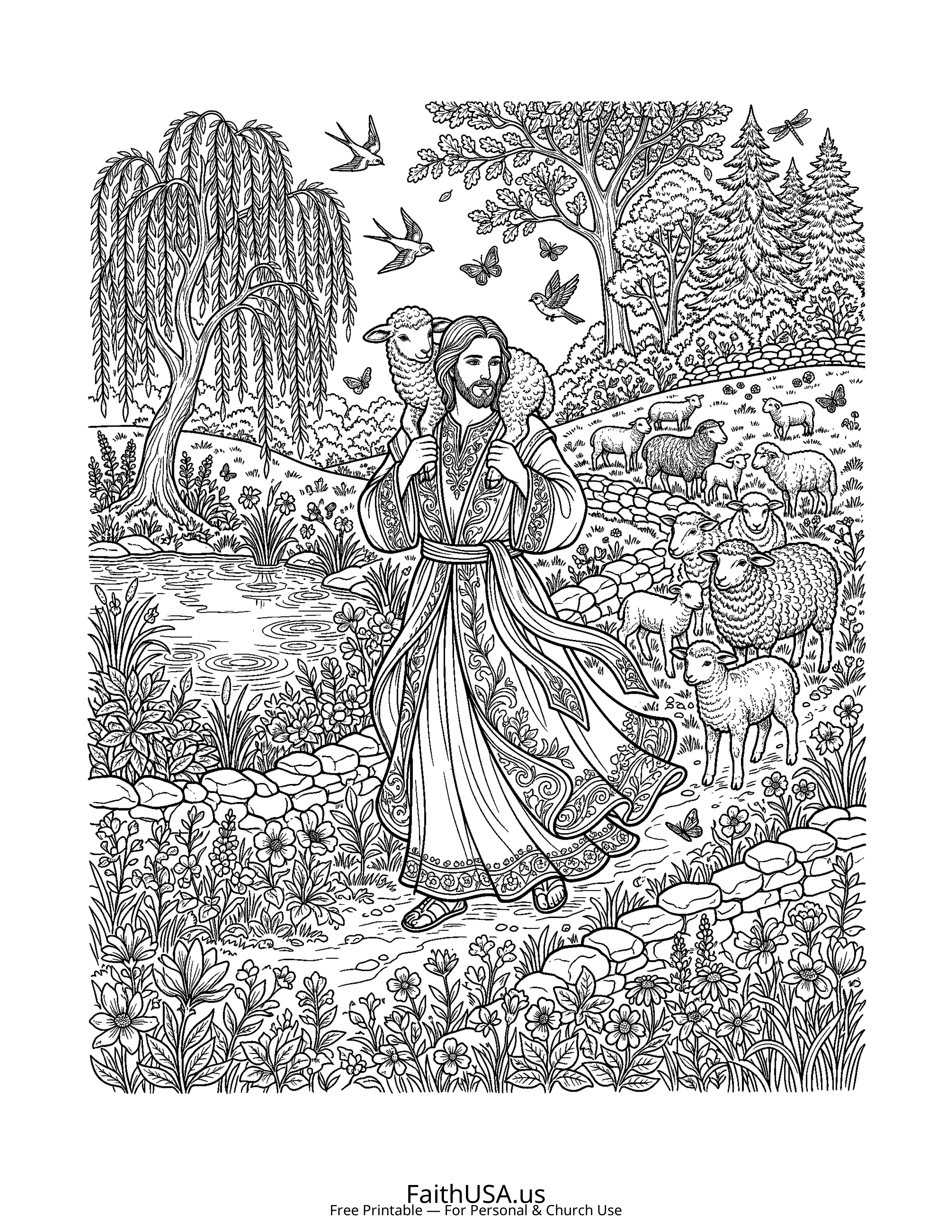 Christian Mandala coloring page featuring Good Shepherd in detailed black-and-white line art