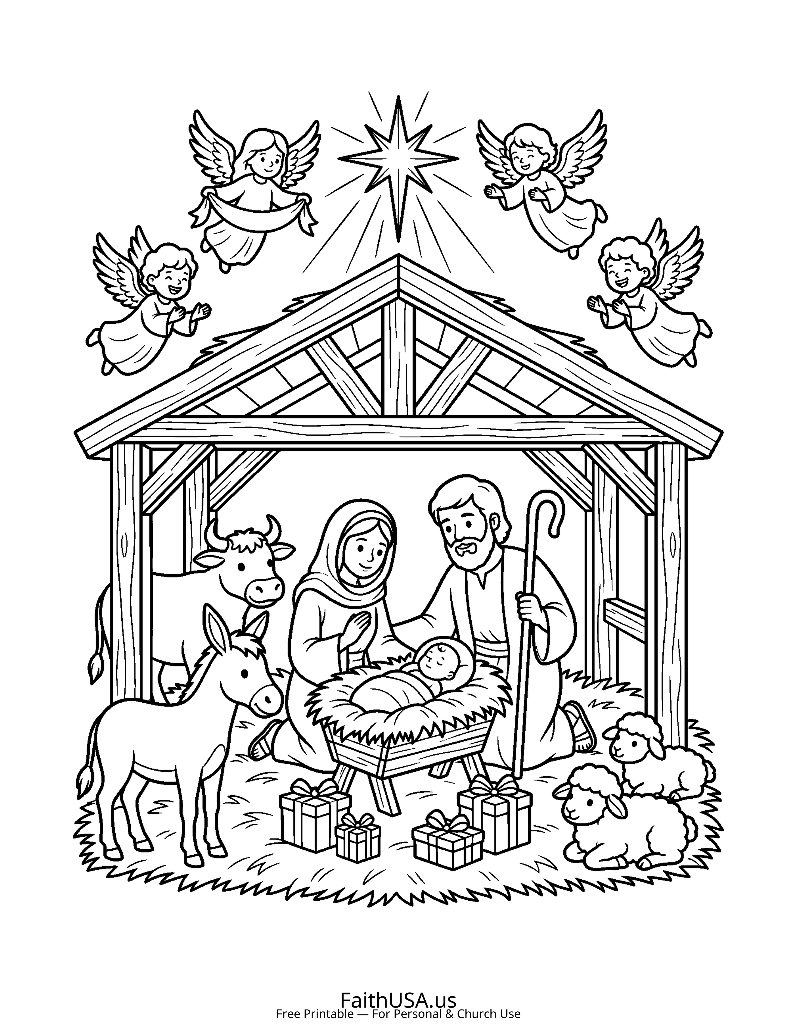 Christian Mandala coloring page featuring Nativity in simple black-and-white line art
