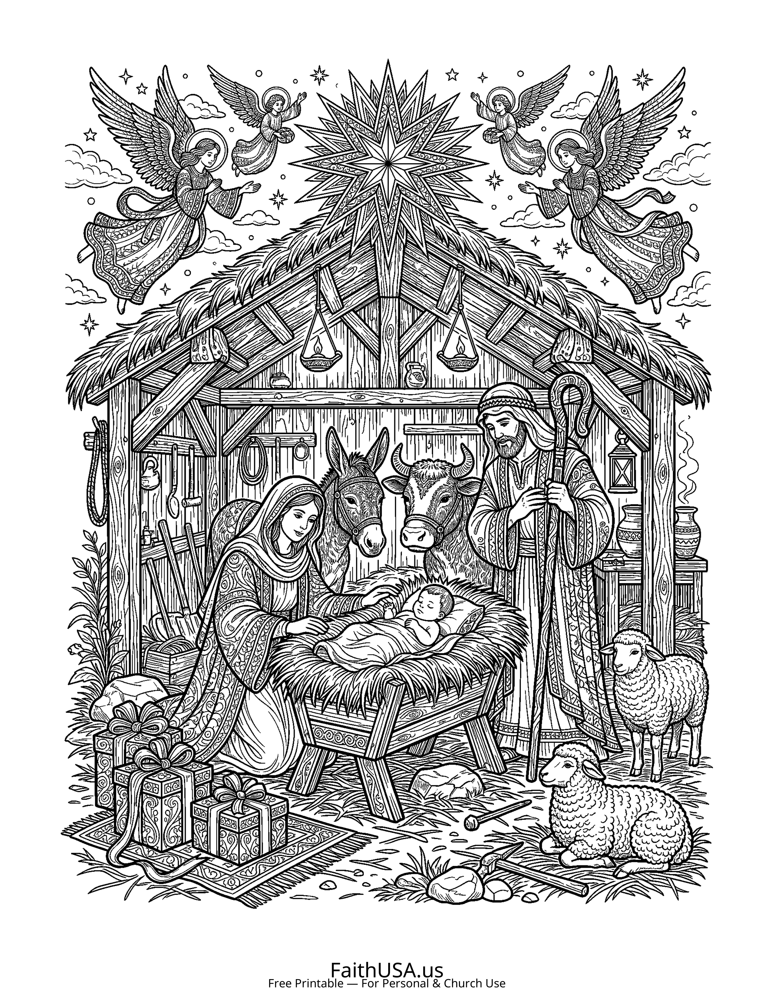 Christian Mandala coloring page featuring Nativity in detailed black-and-white line art