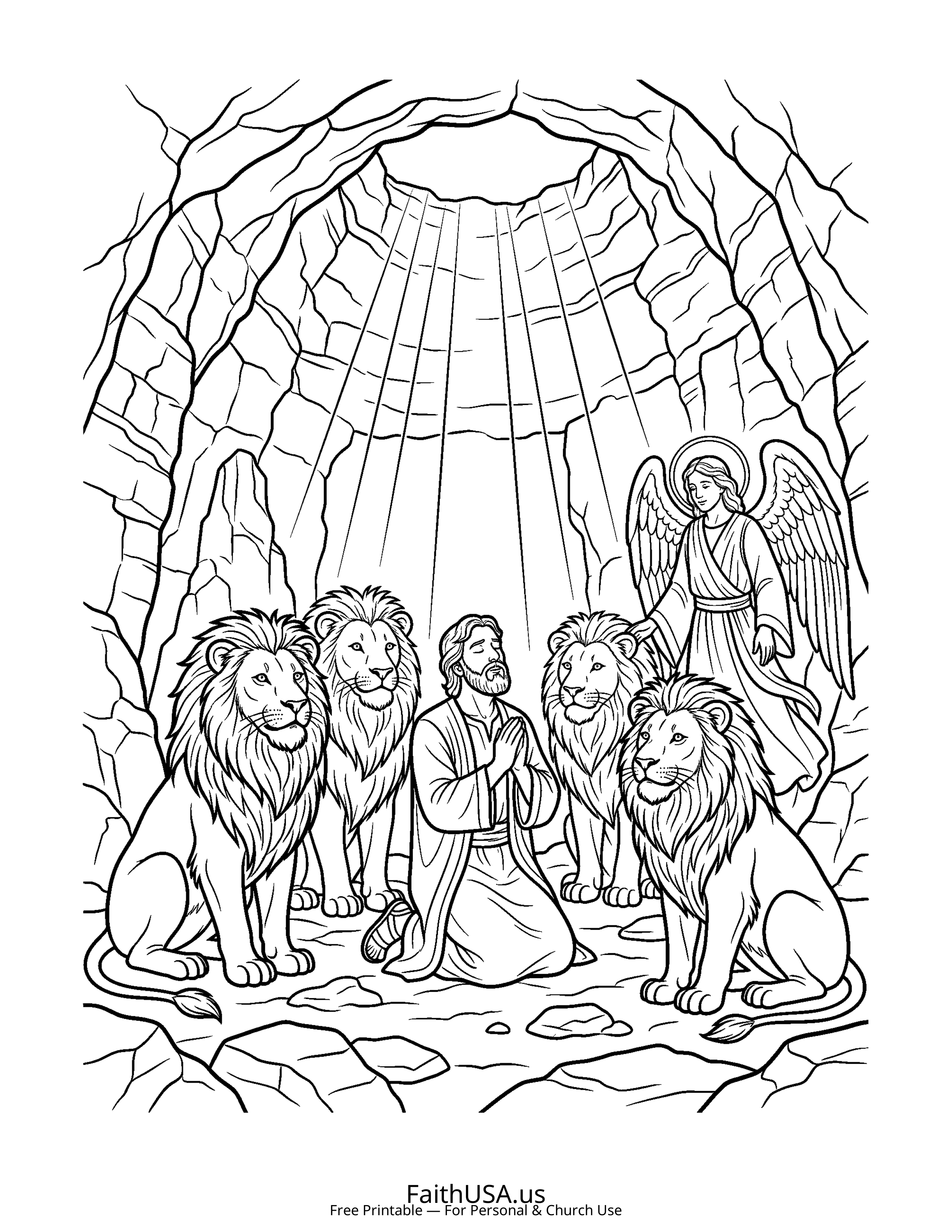 Christian Mandala coloring page featuring Daniel Lions Den in simple black-and-white line art