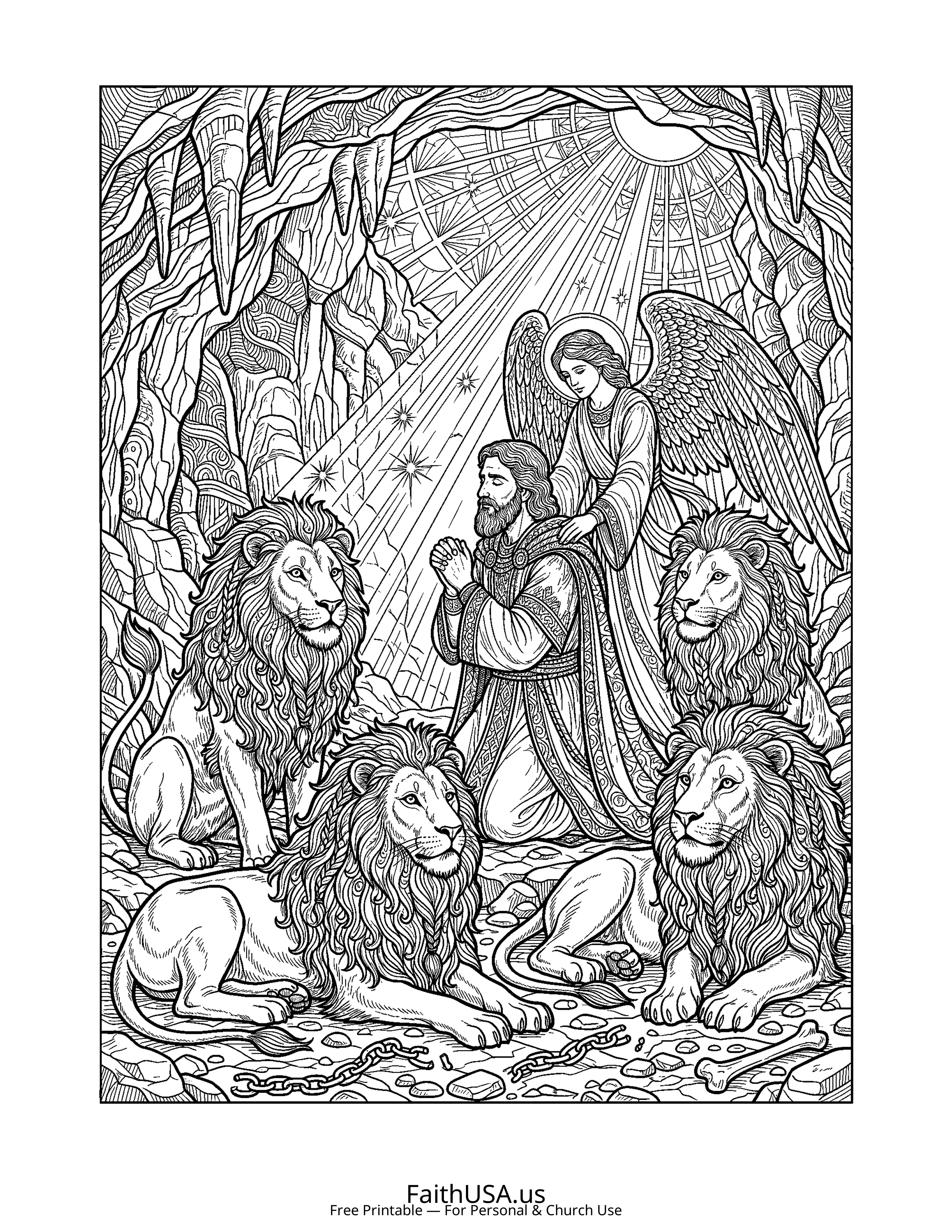 Christian Mandala coloring page featuring Daniel Lions Den in detailed black-and-white line art
