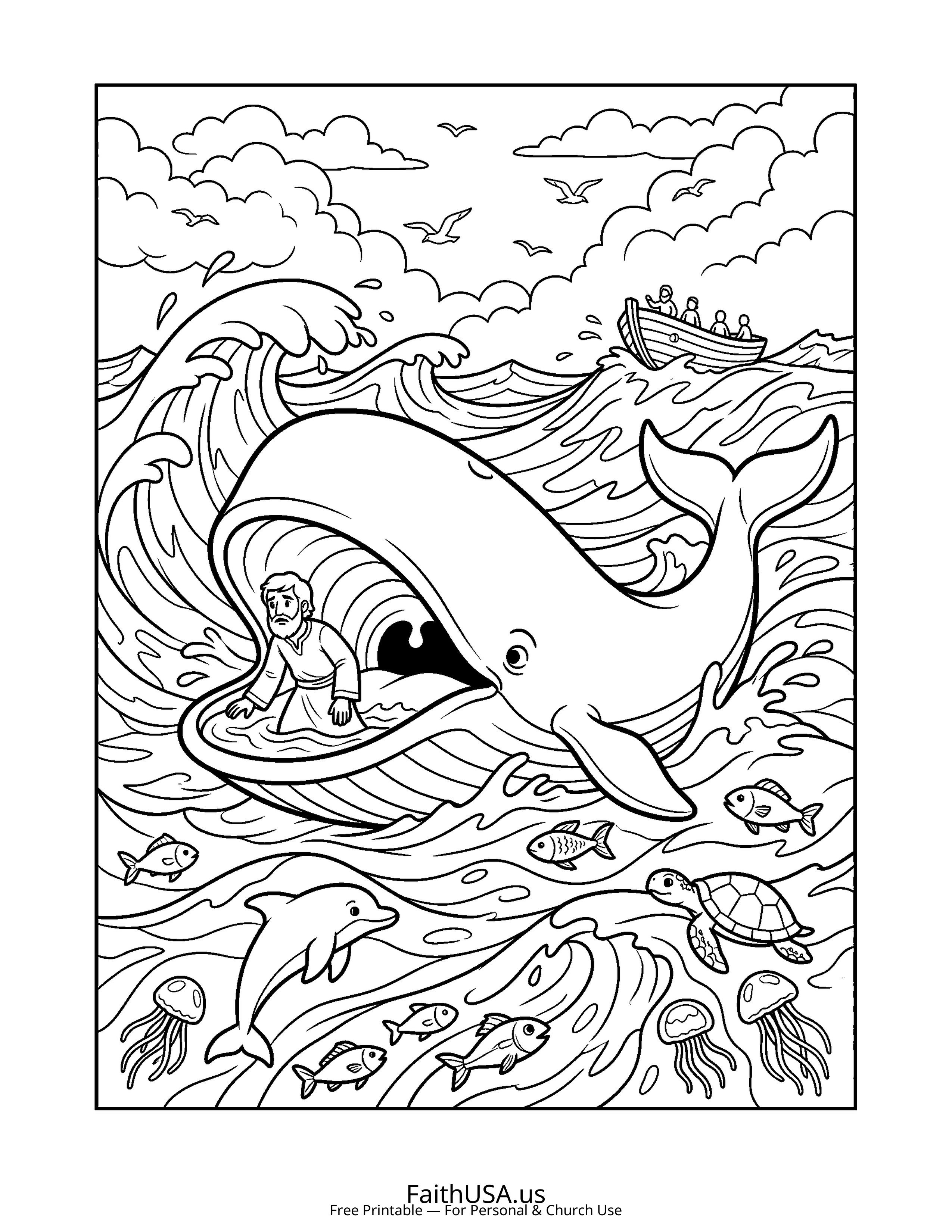 Christian Mandala coloring page featuring Jonah Whale in simple black-and-white line art